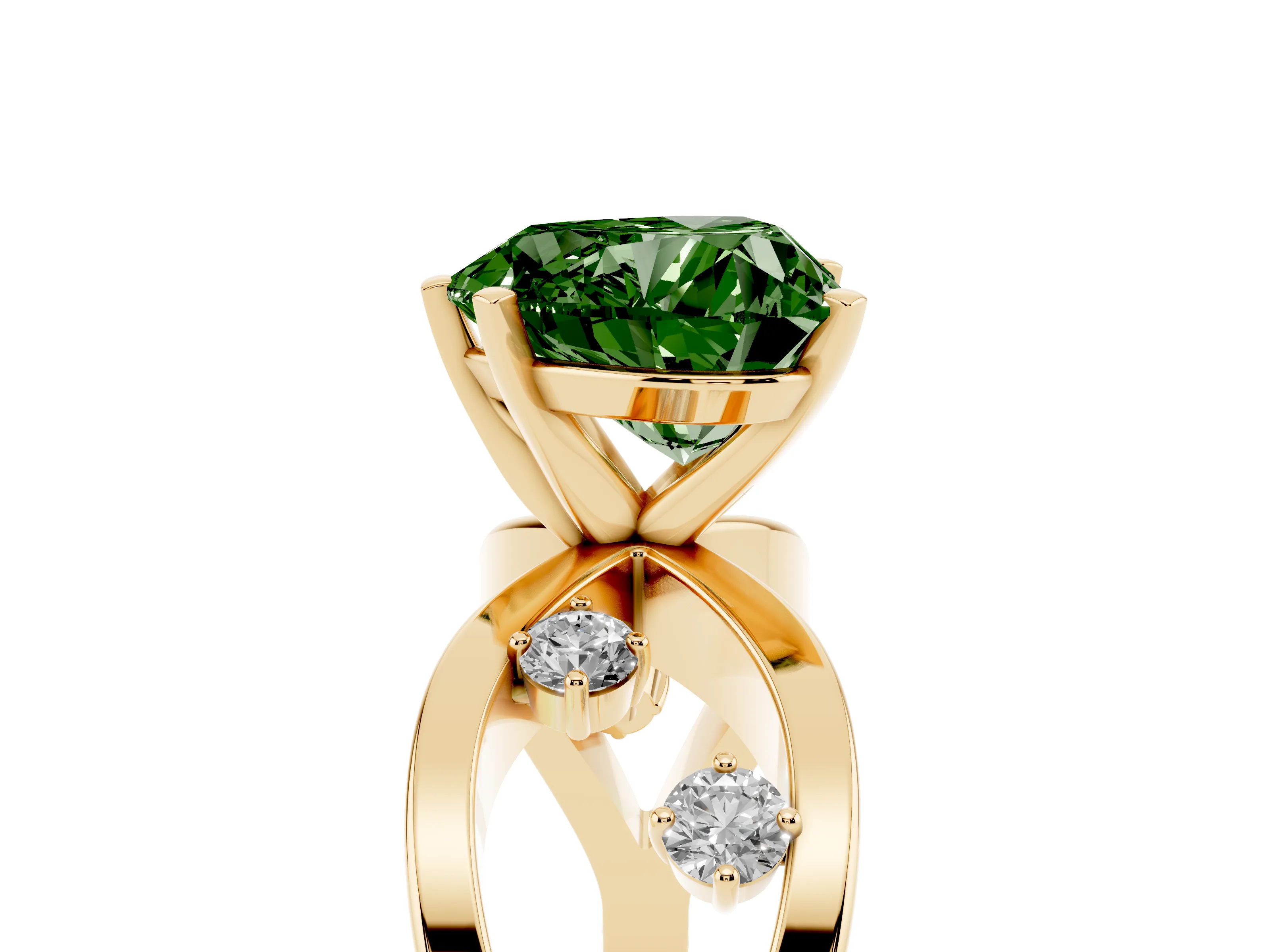 Fancy Green Heart Cut Diamond Solitaire Ring Set in Yellow gold with Side Stones on Criss-Cross Band and Prong Setting