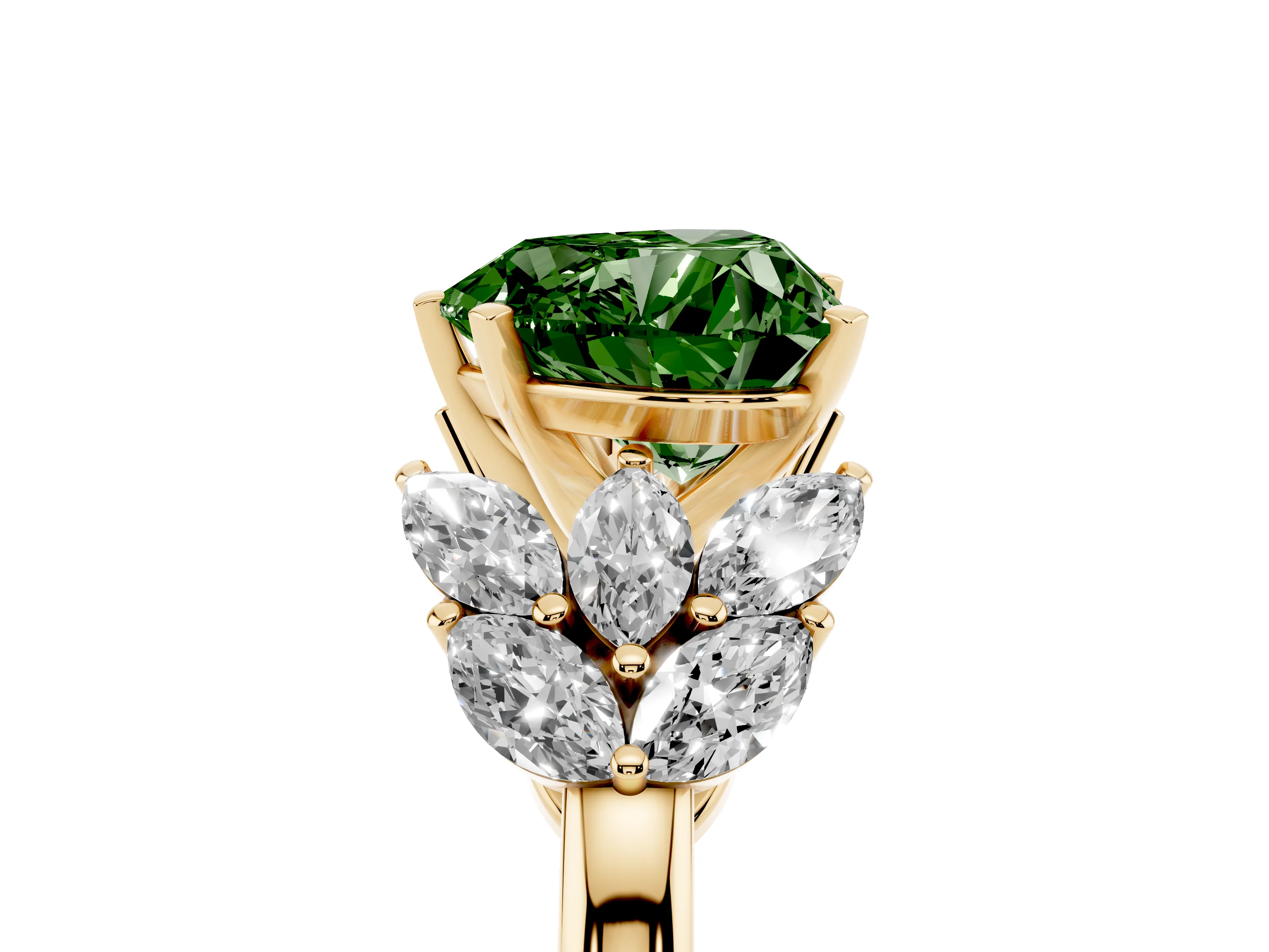 Fancy Green Heart Cut Diamond Cluster Leaf Design Ring Set in Yellow gold with Prong Setting