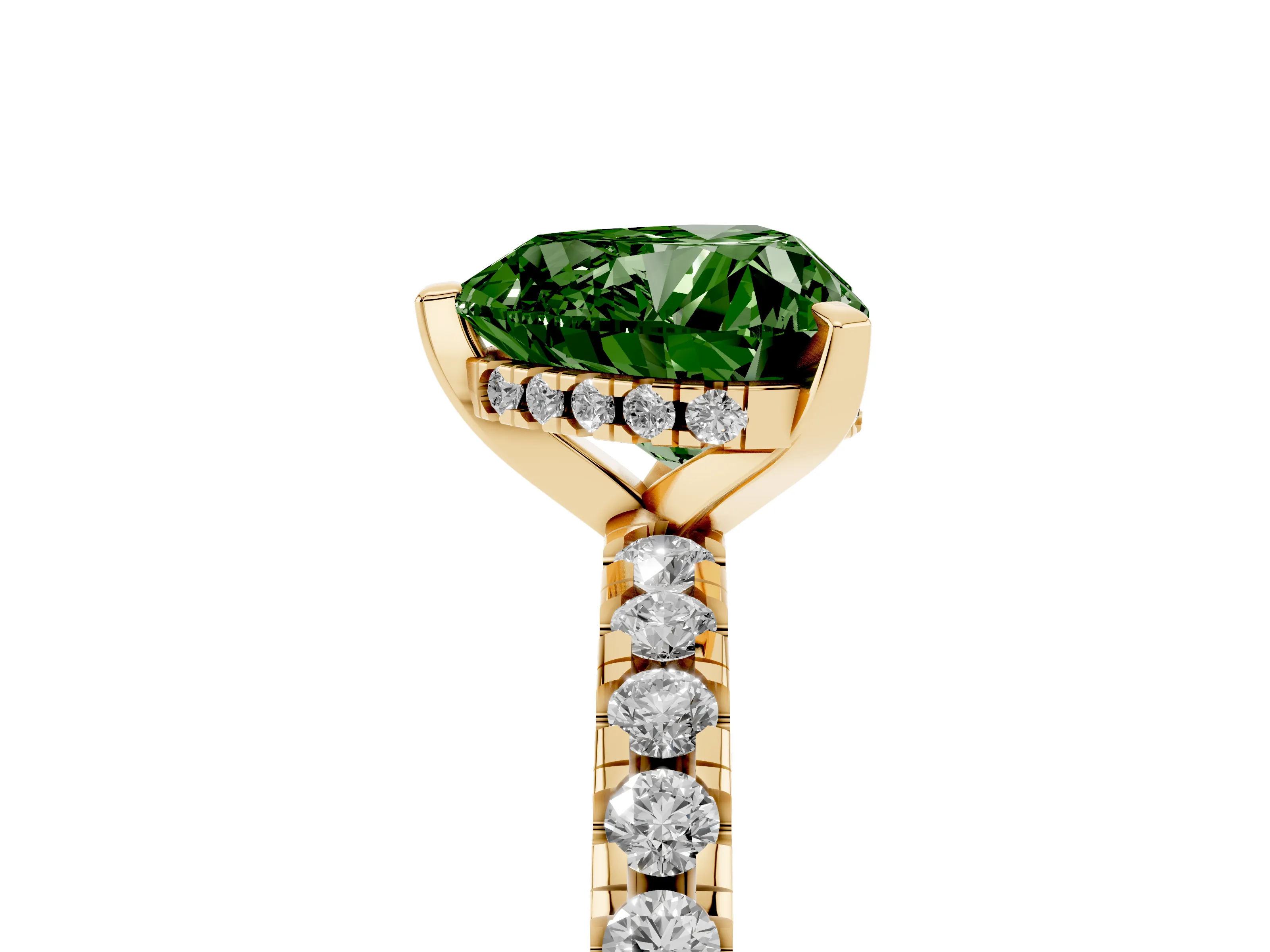 Fancy Green Heart Cut Diamond Pavé Solitaire Ring Set in Yellow gold with Round Band Accents and Prong Setting