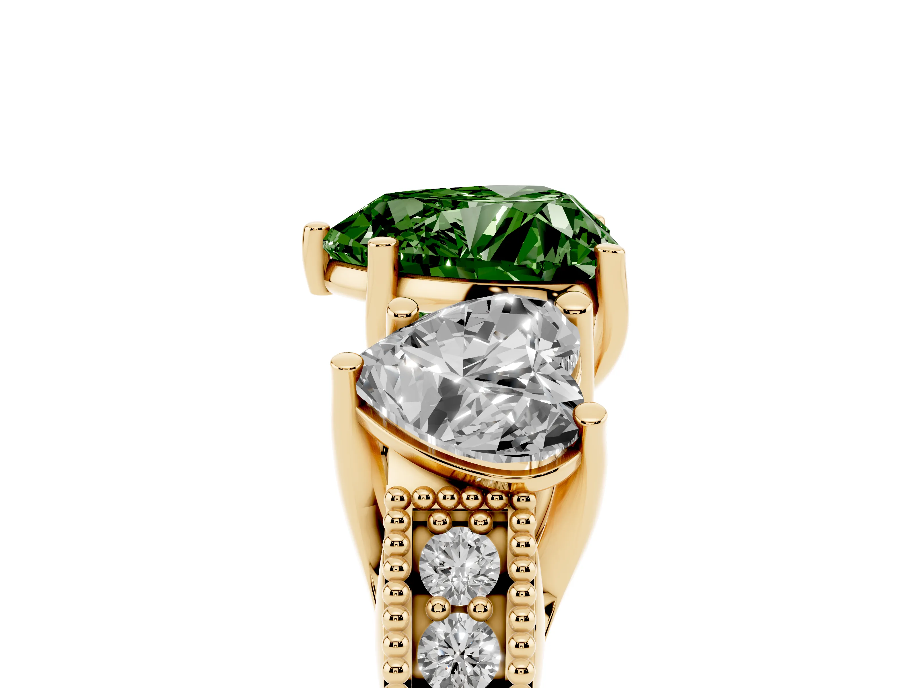 Fancy Green Heart Cut Diamond Three-Stone Engagement Ring Set in Yellow gold with Milgrain Pavé Band