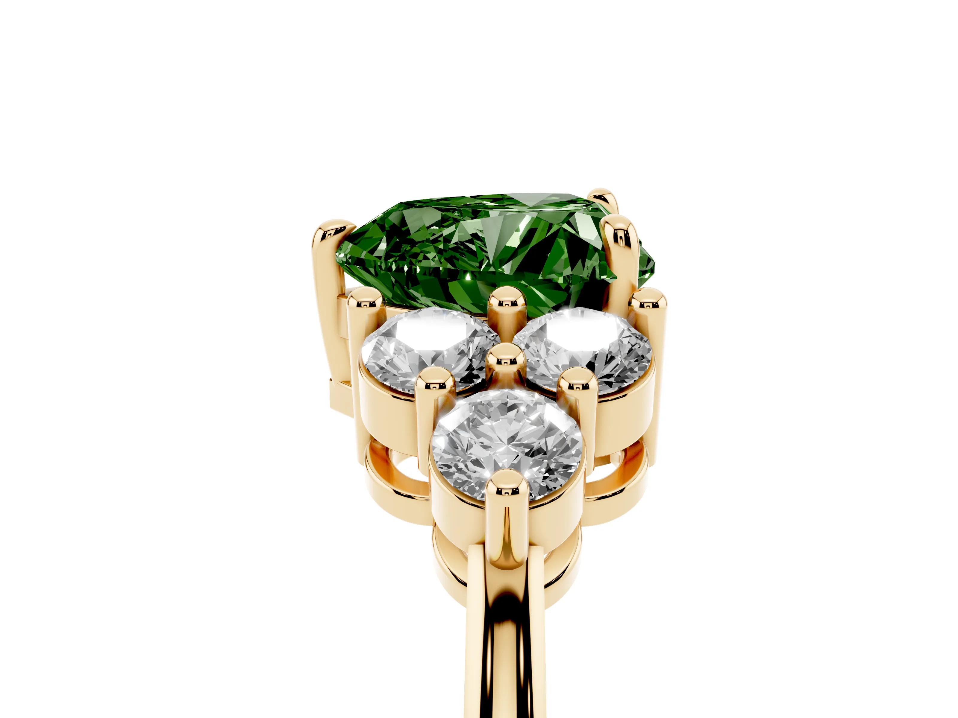 Fancy Green Heart Cut Diamond Solitaire Ring Set in Yellow gold with Cluster Accents on Each Side
