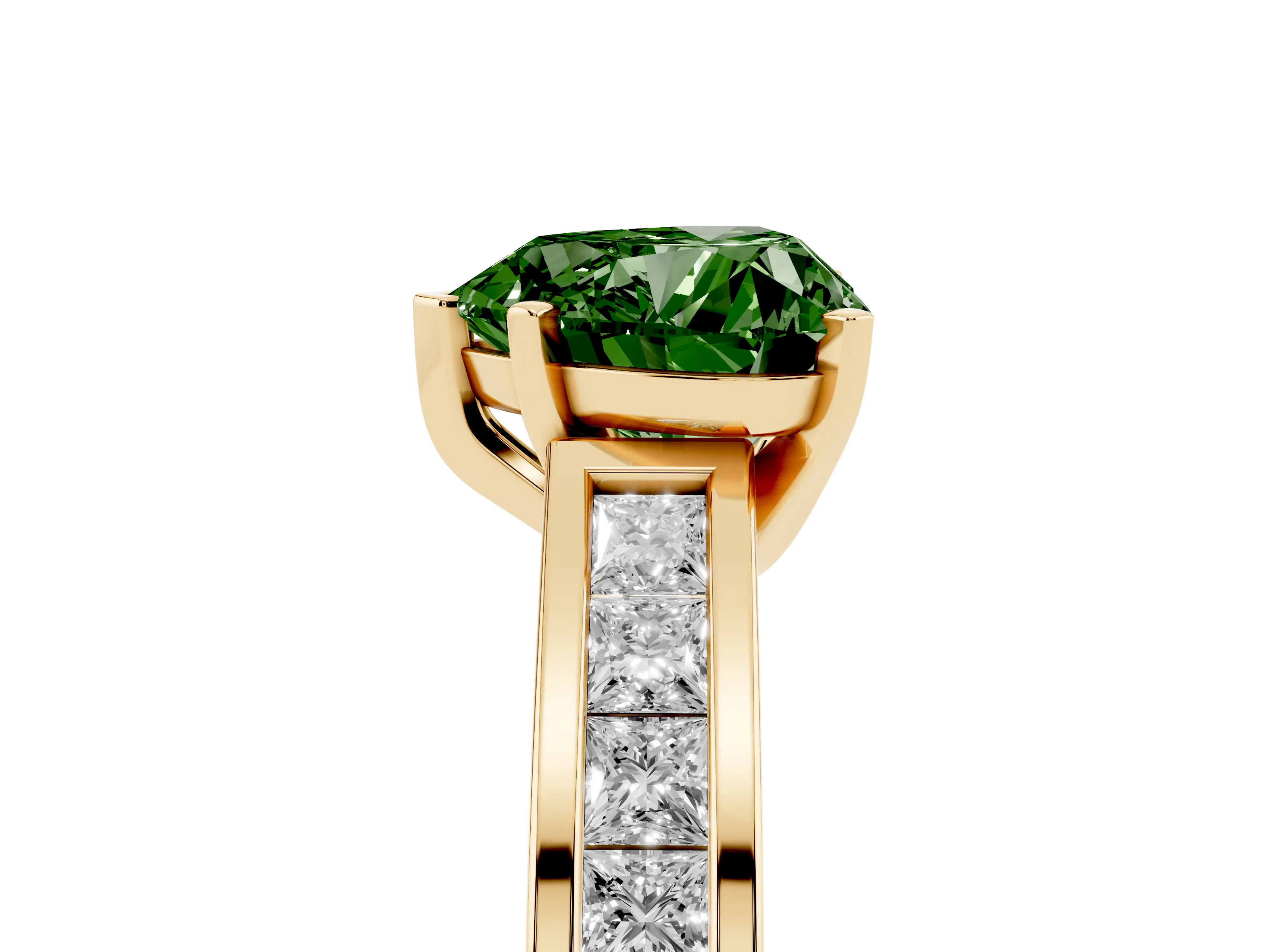 Fancy Green Heart Cut Diamond Solitaire Ring Set in Yellow gold with Channel-Set Band and Prong Setting
