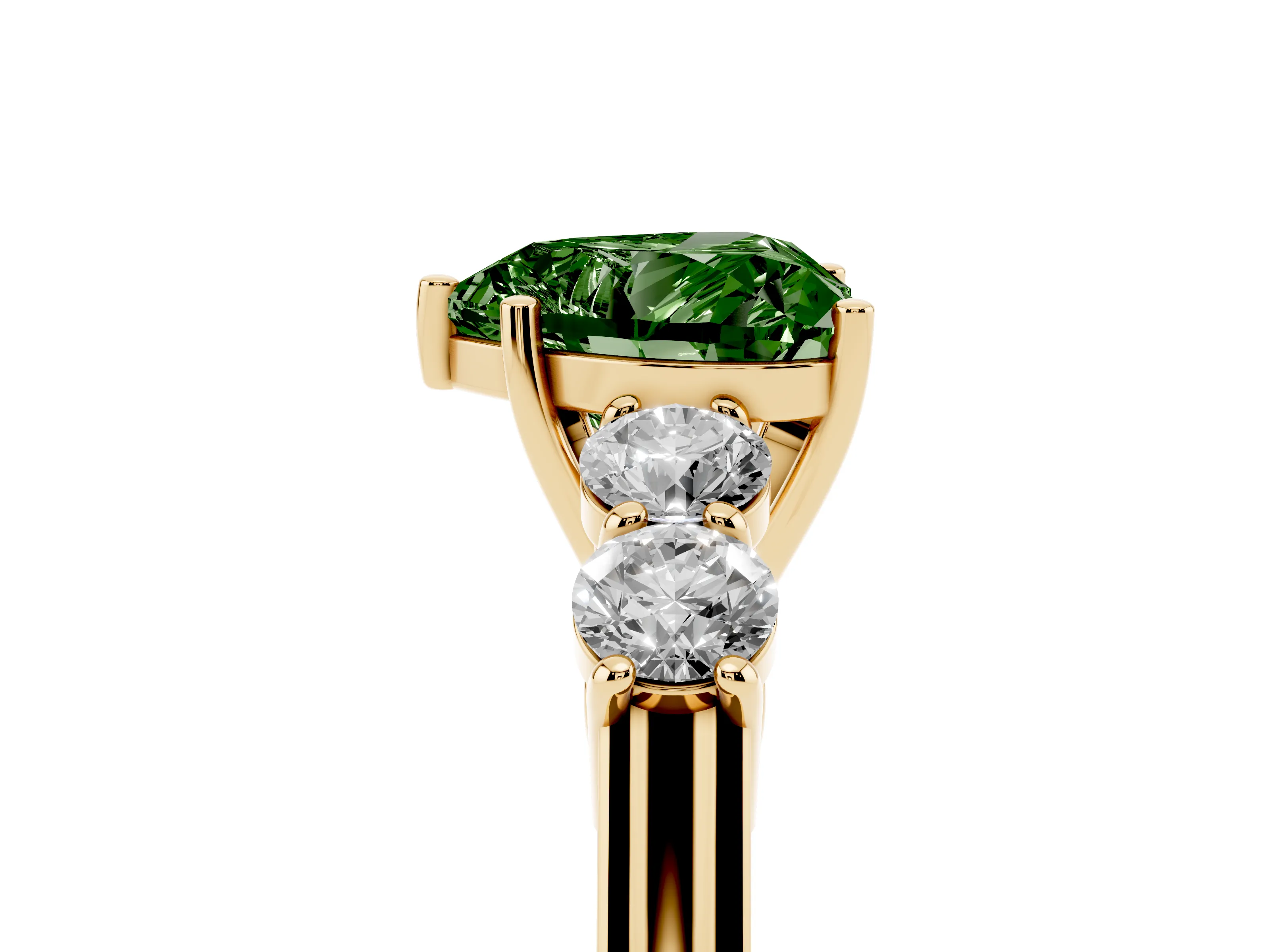 Fancy Green Heart Cut Diamond Five-Stone Prong Set Band Ring Set in Yellow gold with Polished Band