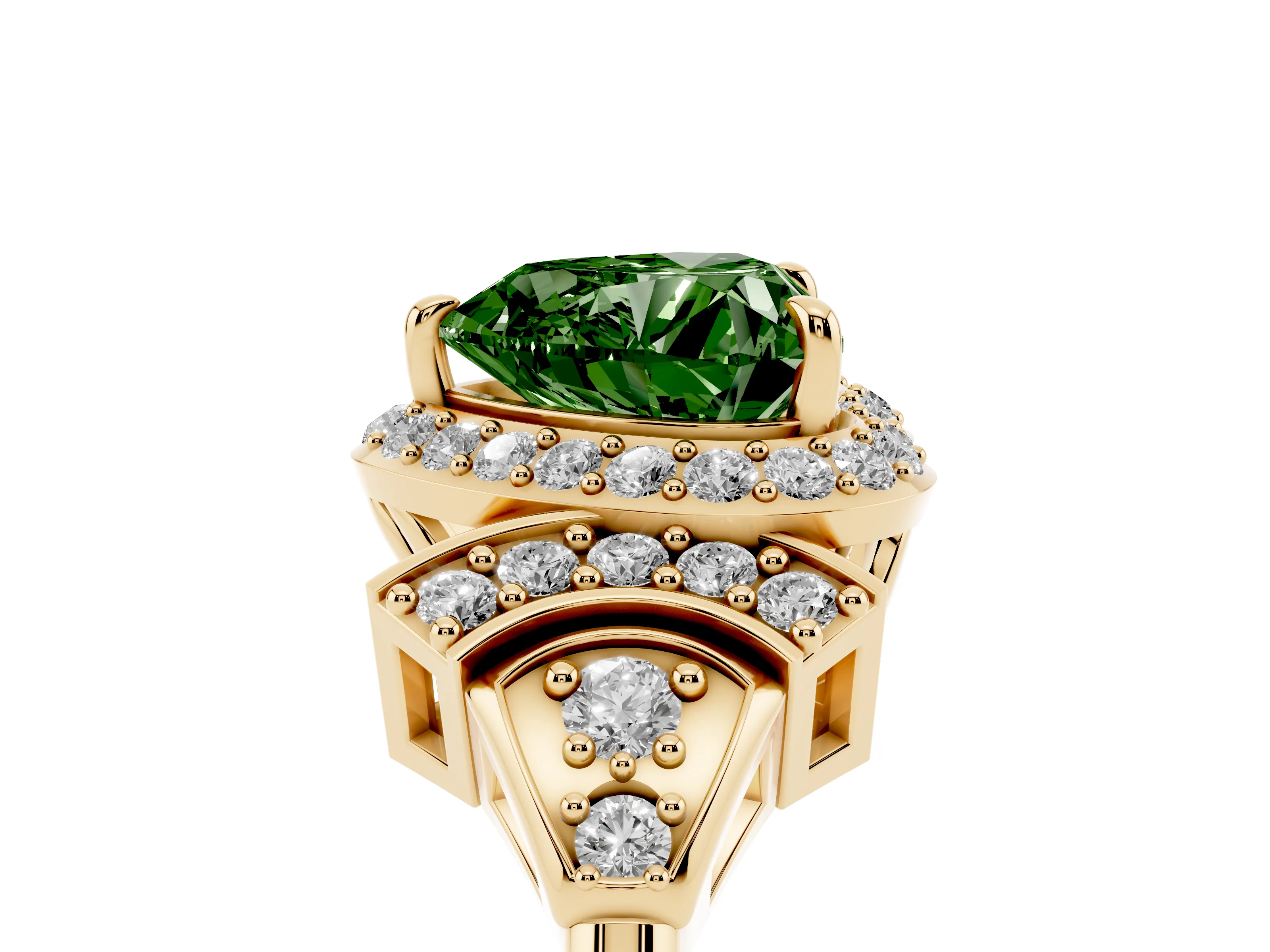 Fancy Green Heart Cut Diamond Halo Engagement Ring Set in Yellow gold with Accent Stone Split Shank