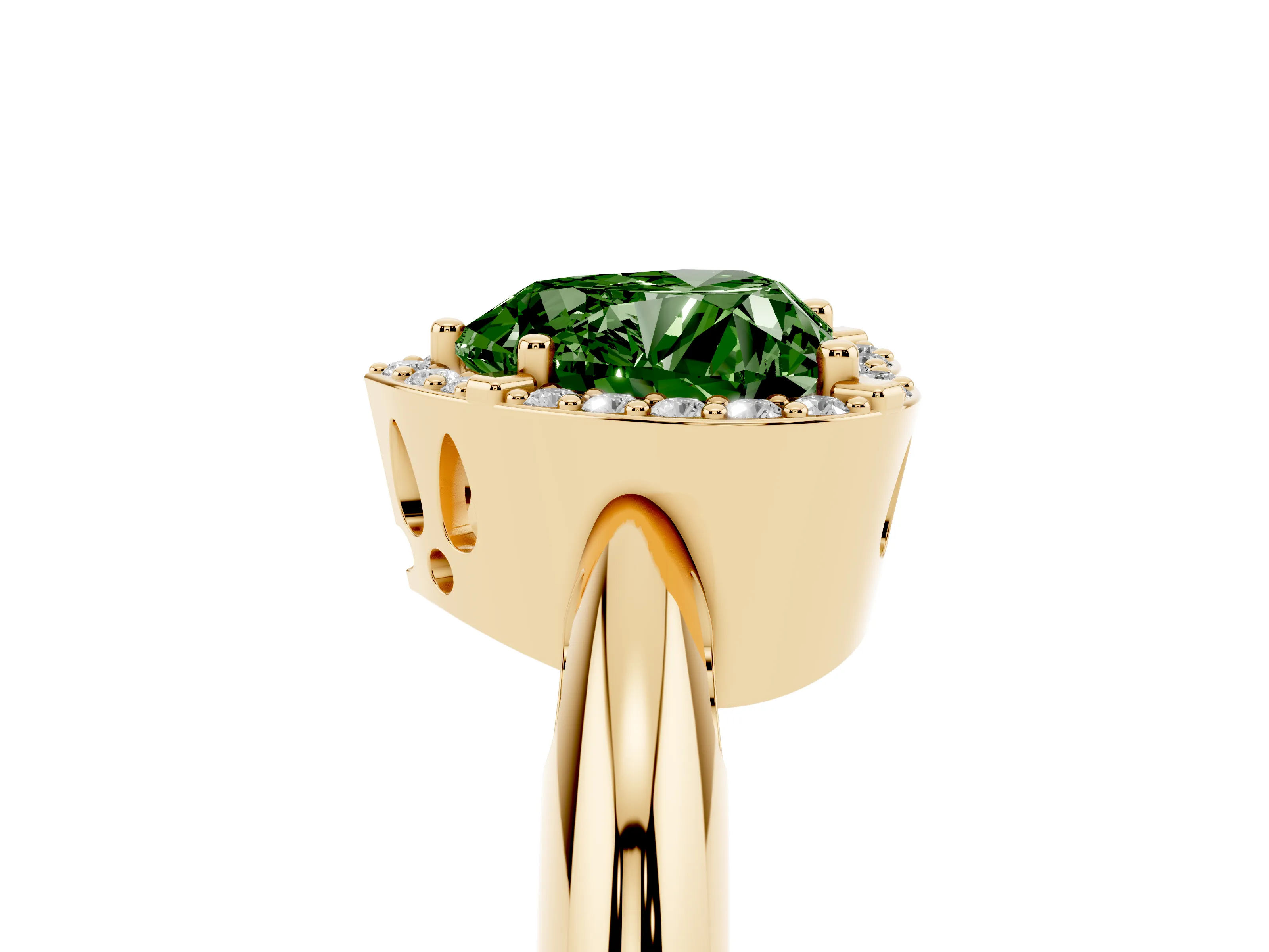 Fancy Green Heart Cut Diamond Halo Engagement Ring Set in Yellow gold with Plain Split Shank and Prong Setting