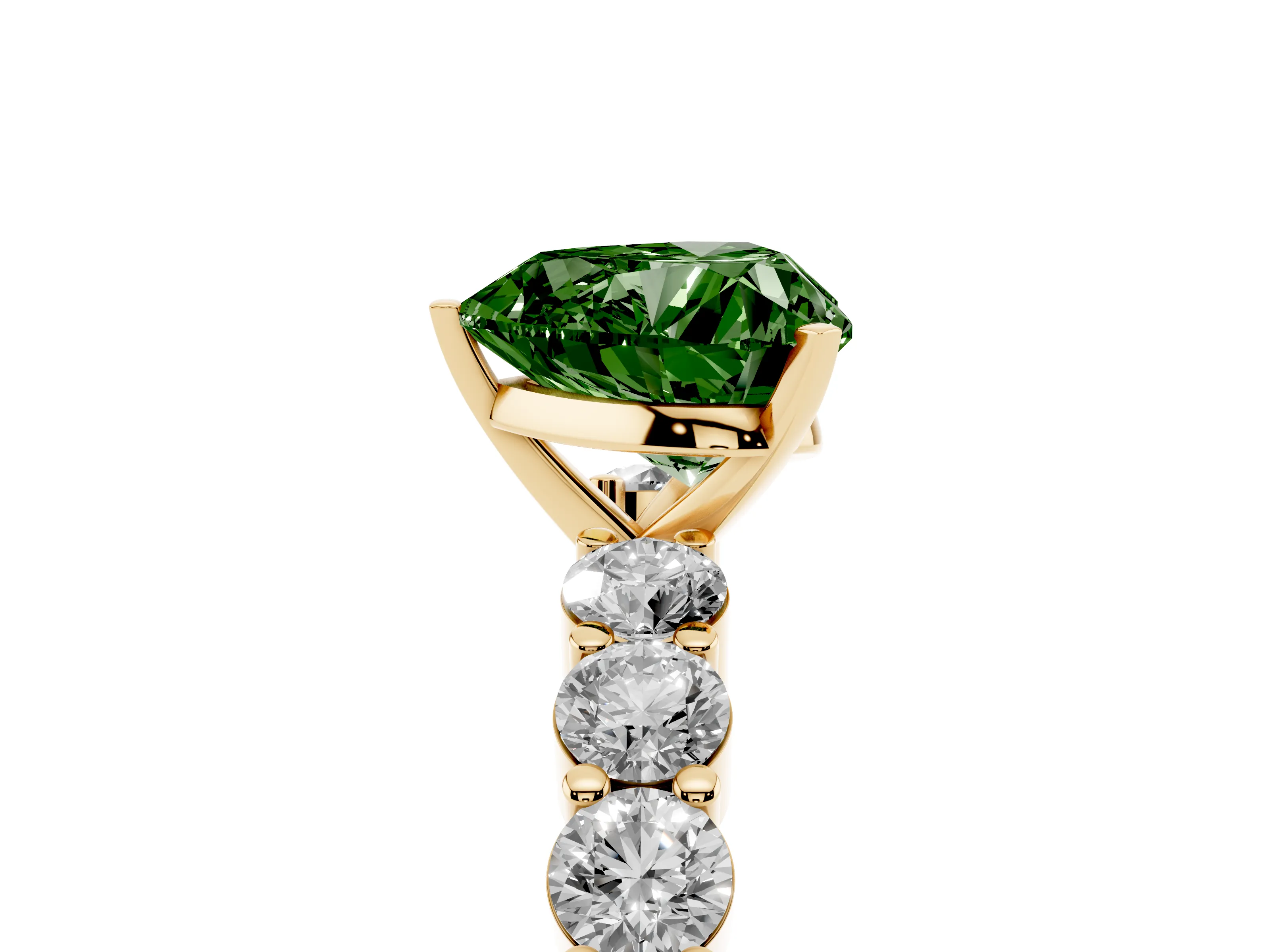 Fancy Green Heart Cut Diamond Solitaire Ring Set in Yellow gold with Shared Prong Round Side Stones