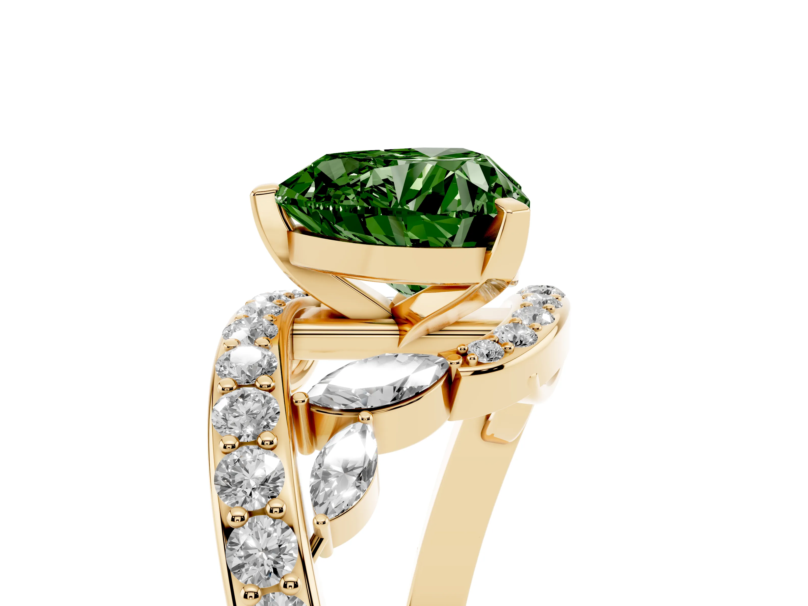 Fancy Green Heart Cut Diamond Solitaire Ring Set in Yellow gold with Pavé Twist Band and Secure Prong Setting