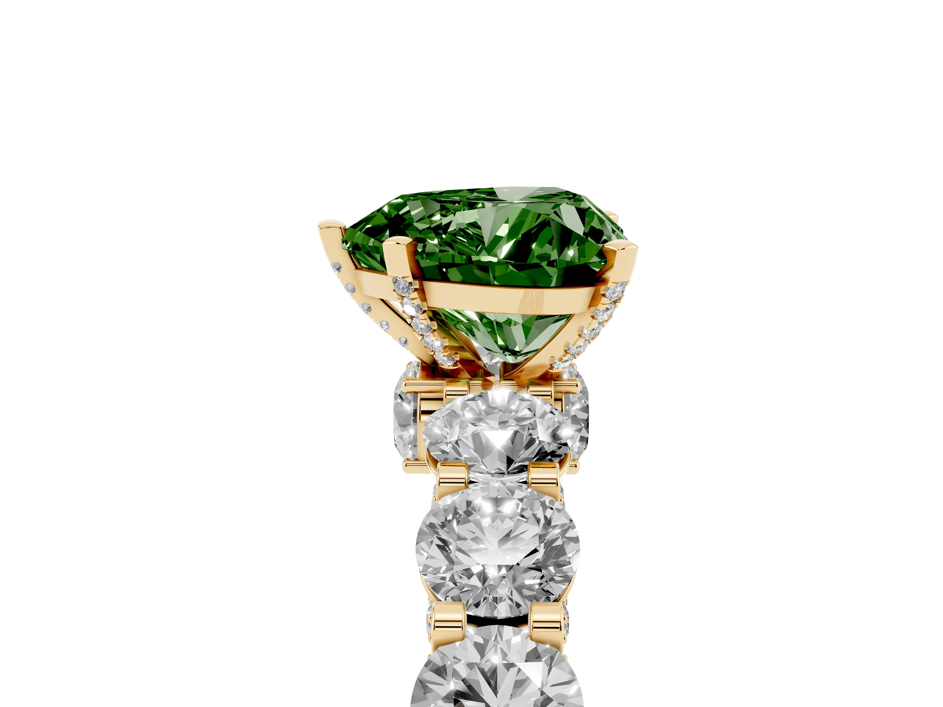 Fancy Green Heart Cut Diamond Side Stone Ring Set in Yellow gold with Alternating Round and Oval Side Stones