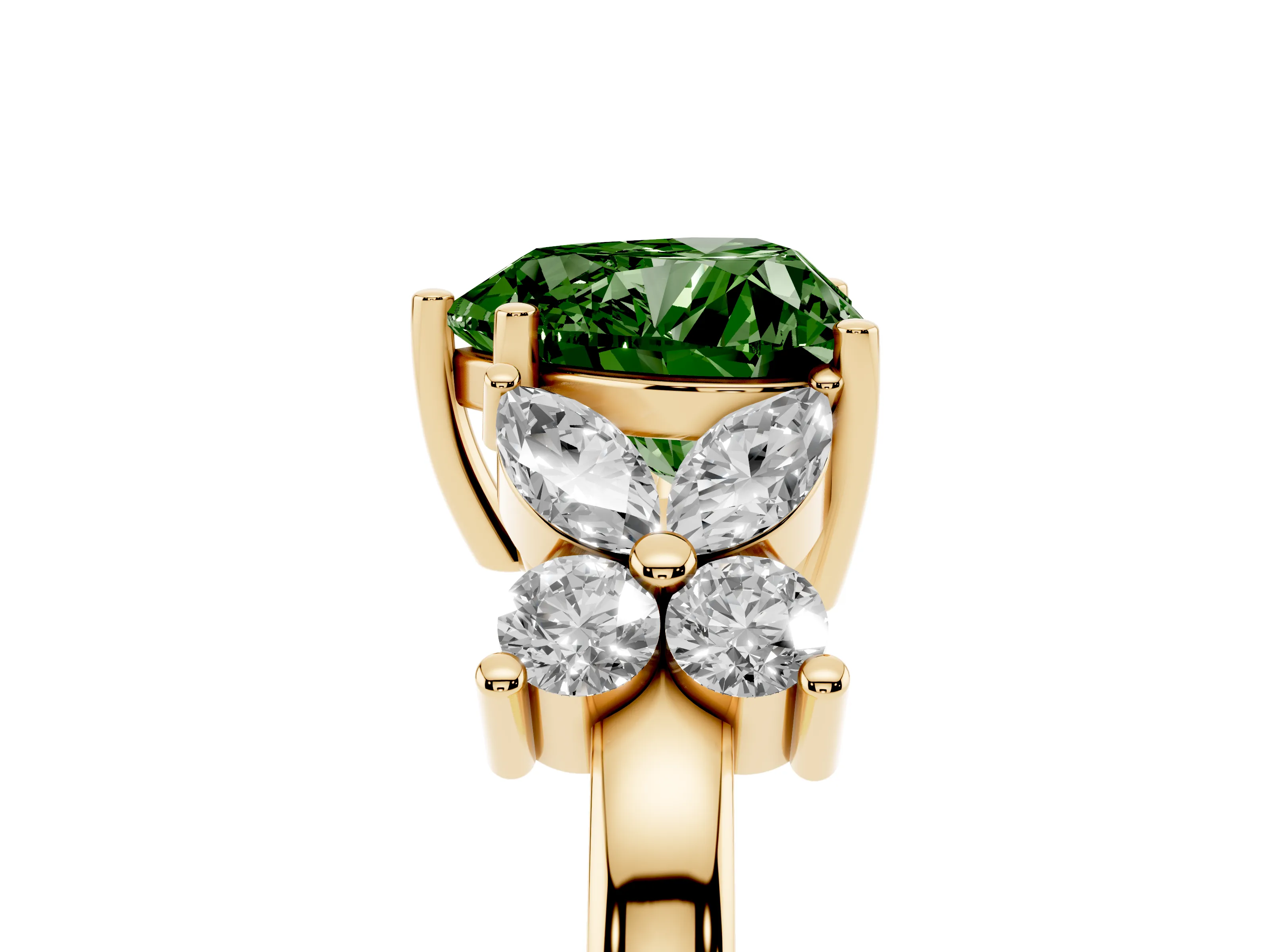 Fancy Green Heart Cut Diamond Floral Cluster Ring Set in Yellow gold with Marquise Petals and Prong Setting
