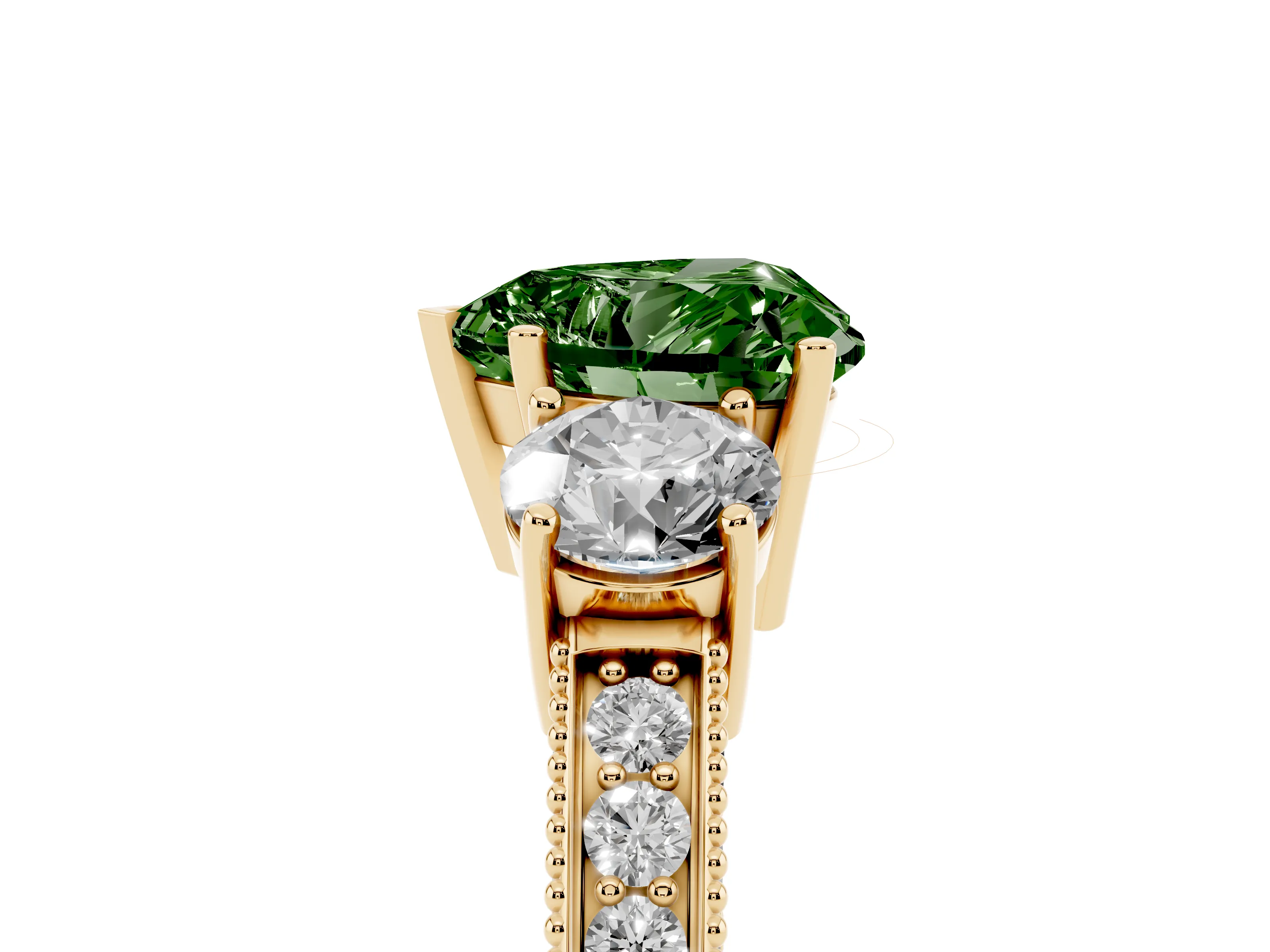 Fancy Green Heart Cut Diamond Three-Stone Ring Set in Yellow gold with Round Side Stones and Pavé Band