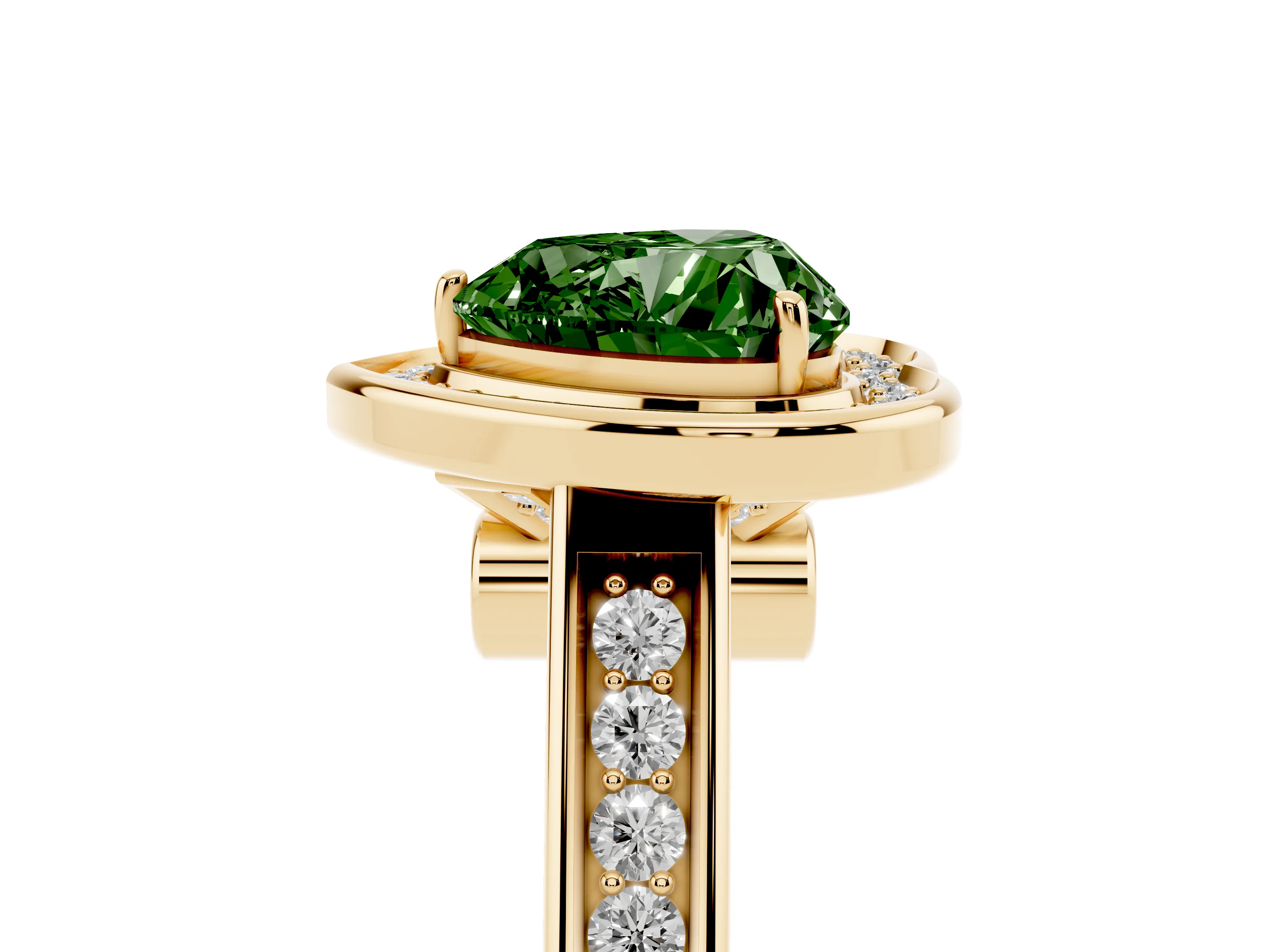 Fancy Green Heart Cut Diamond Halo Solitaire Ring Set in Yellow gold with Pavé Band and Bezel Setting
