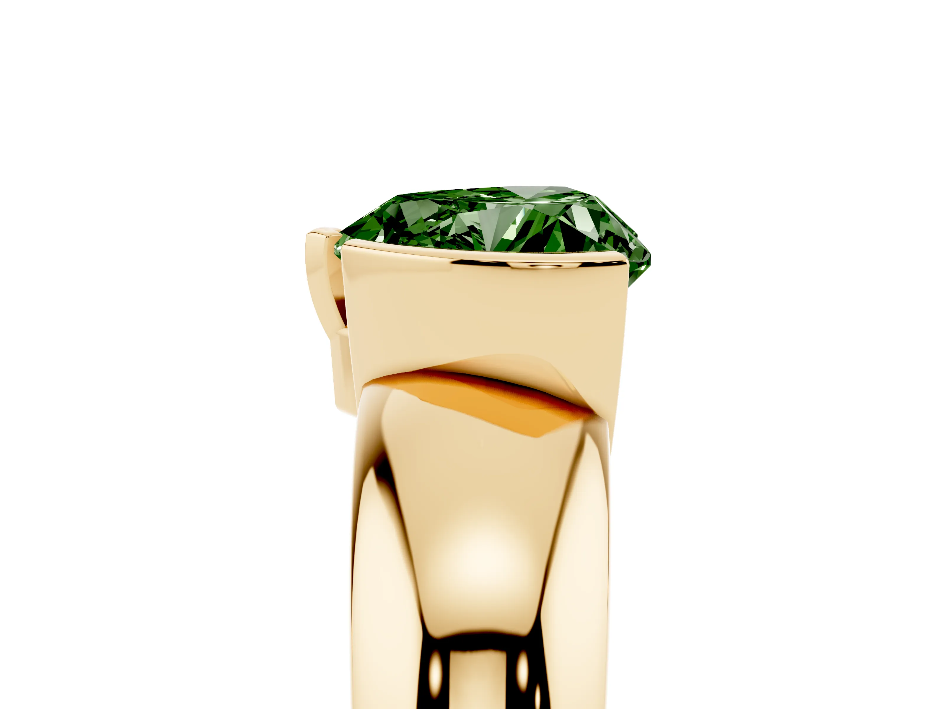 Fancy Green Heart Cut Diamond Solitaire Tension Set Ring Set in Yellow gold with Wide Band