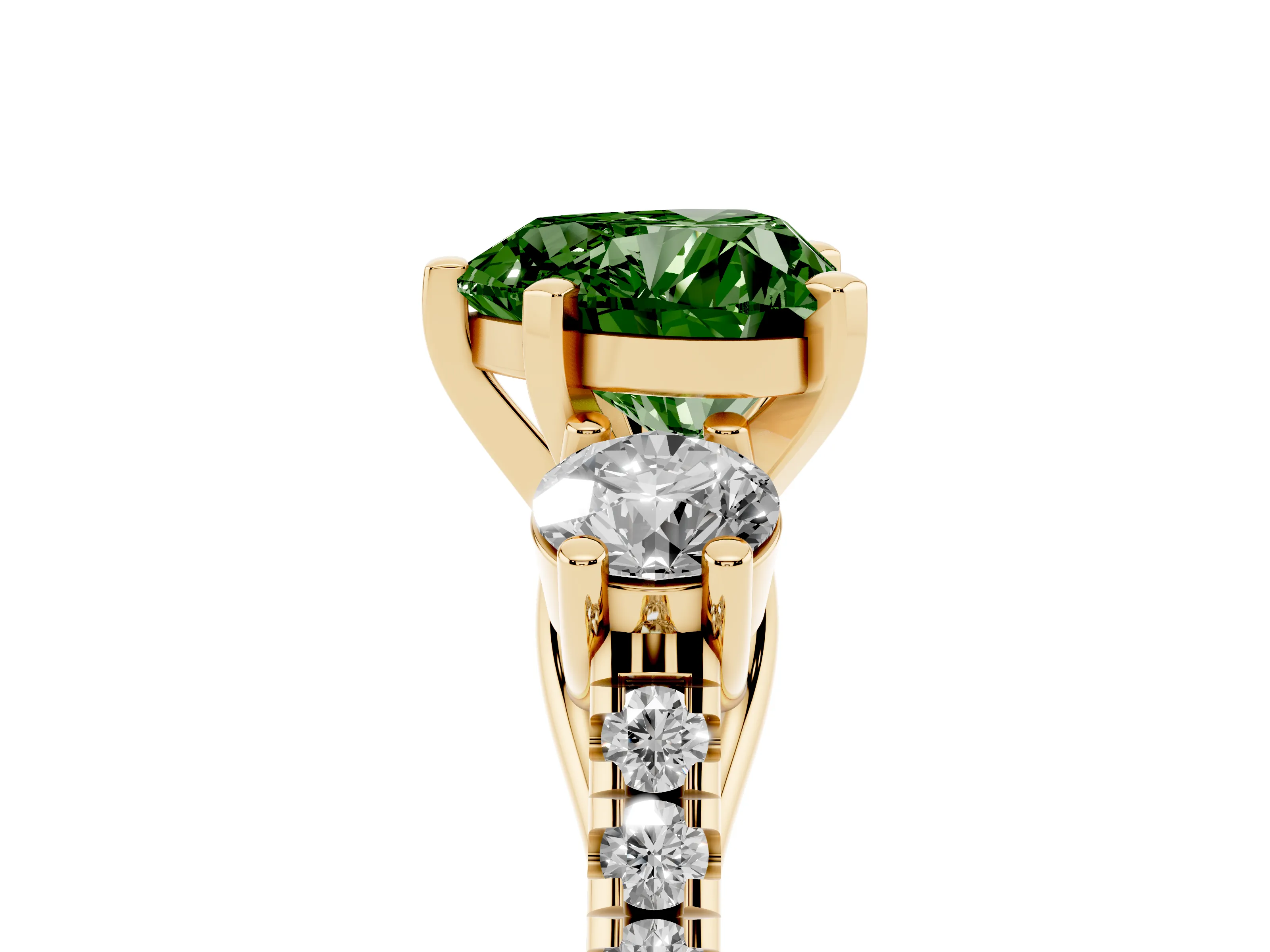 Fancy Green Three-Stone Heart Cut Diamond Pavé Band Ring Set in Yellow gold with Prong-Set Trio