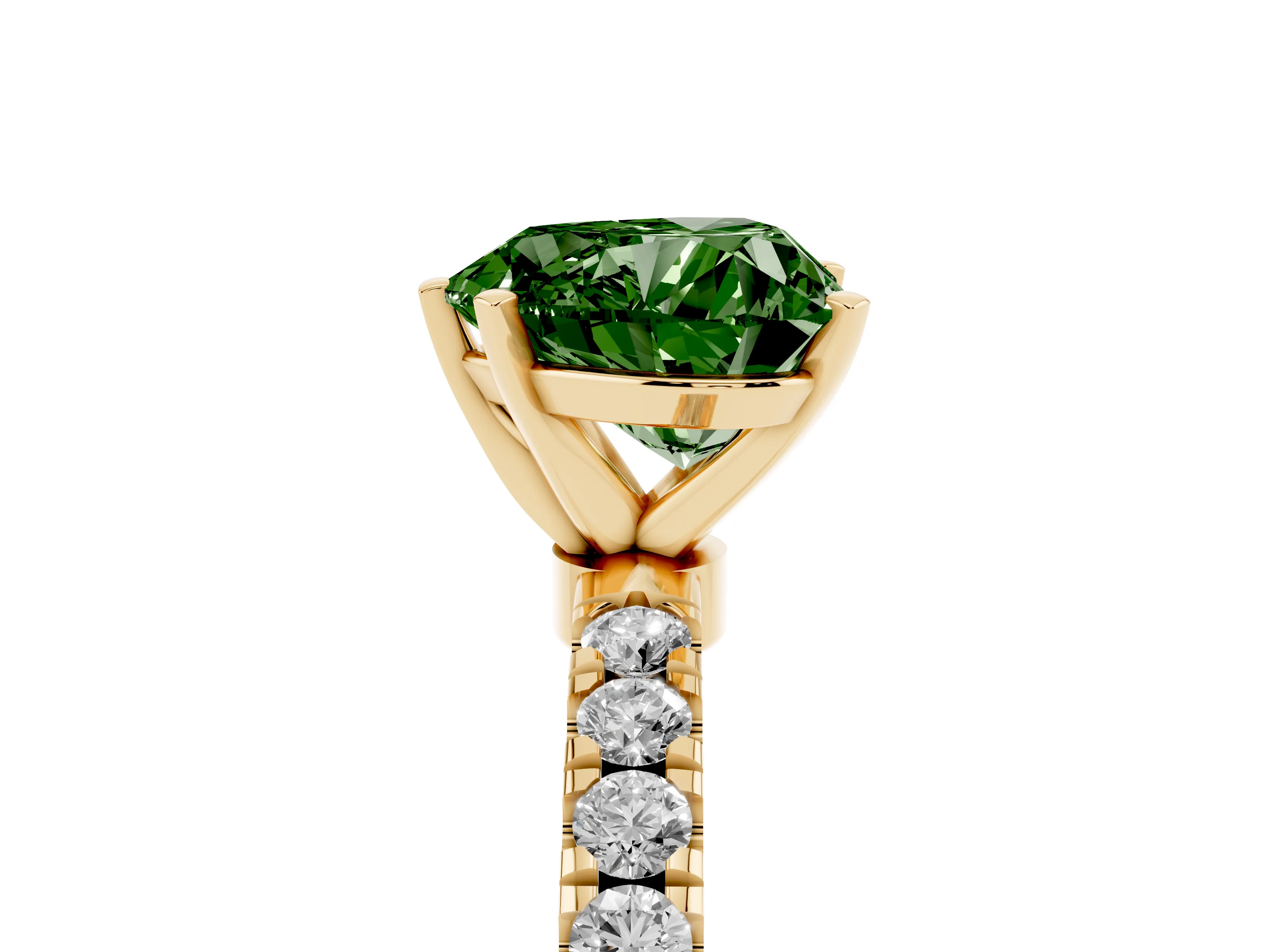 Fancy Green Heart Cut Diamond Solitaire Ring Set in Yellow gold with Pavé Accents and Prong Setting