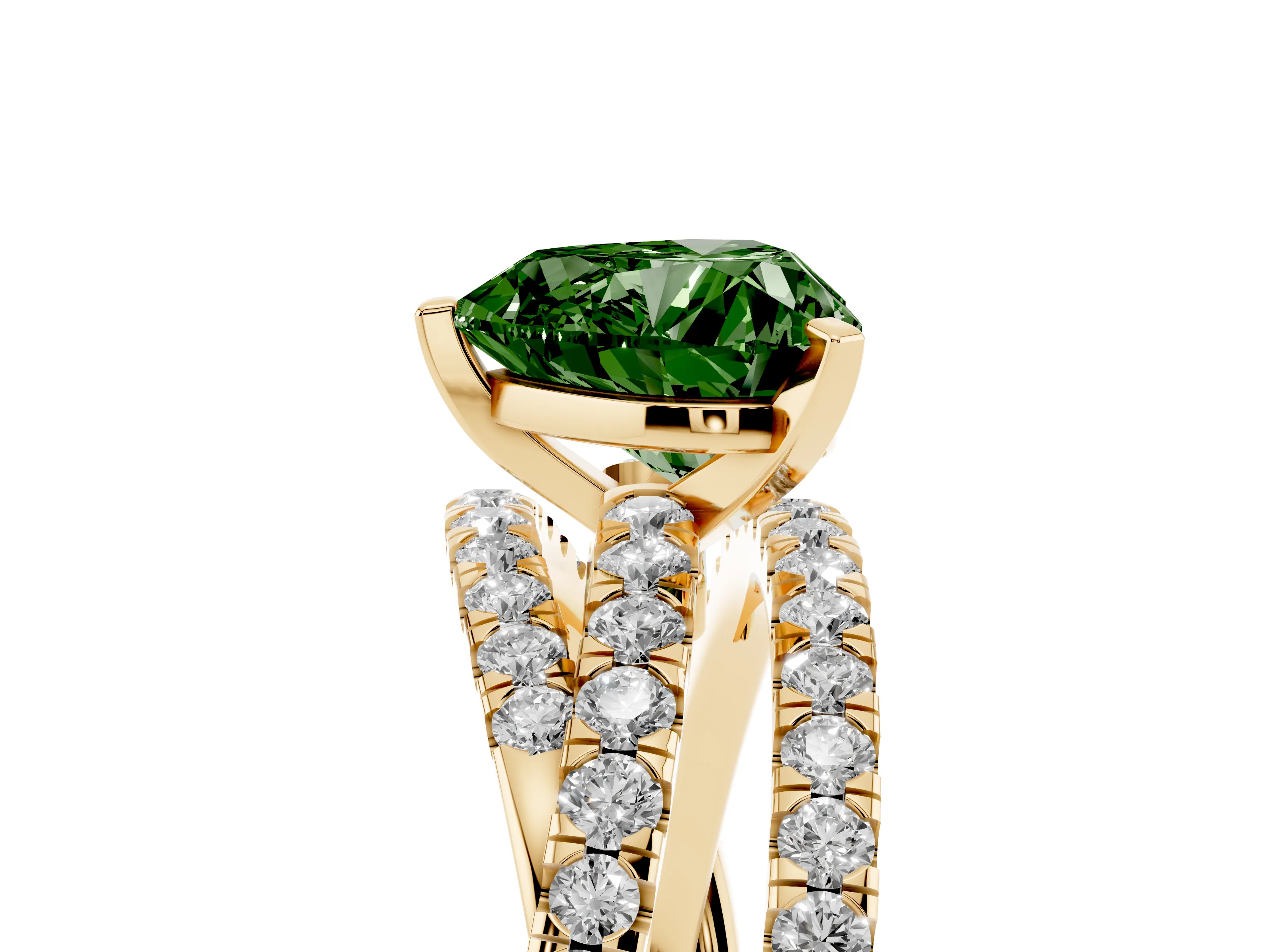 Fancy Green Heart Cut Diamond Solitaire Twist Band Ring Set in Yellow gold with Pavé Setting and Prong Head