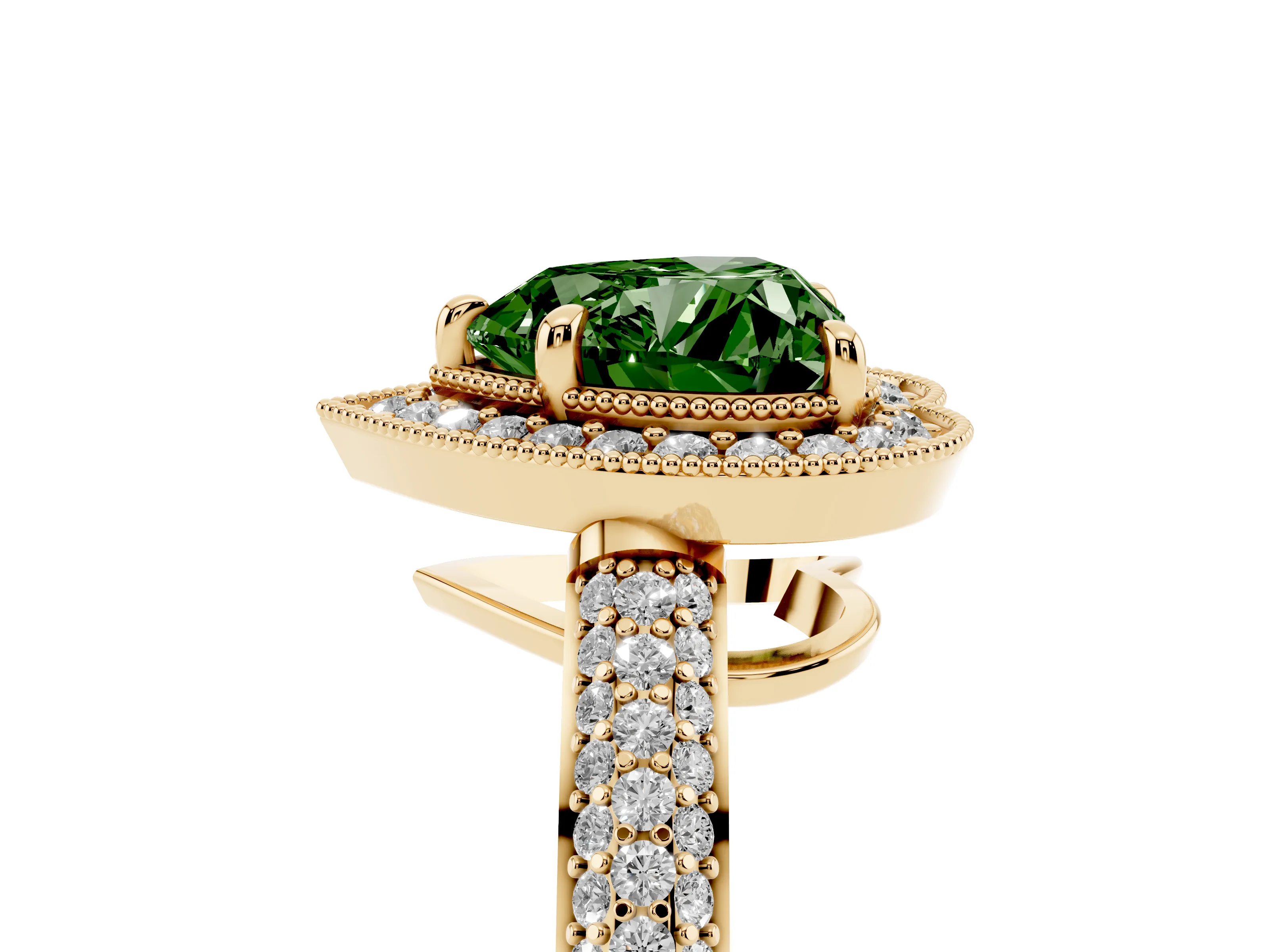 Fancy Green Heart Cut Diamond Halo Pavé Band Set in Yellow gold with Prong Setting