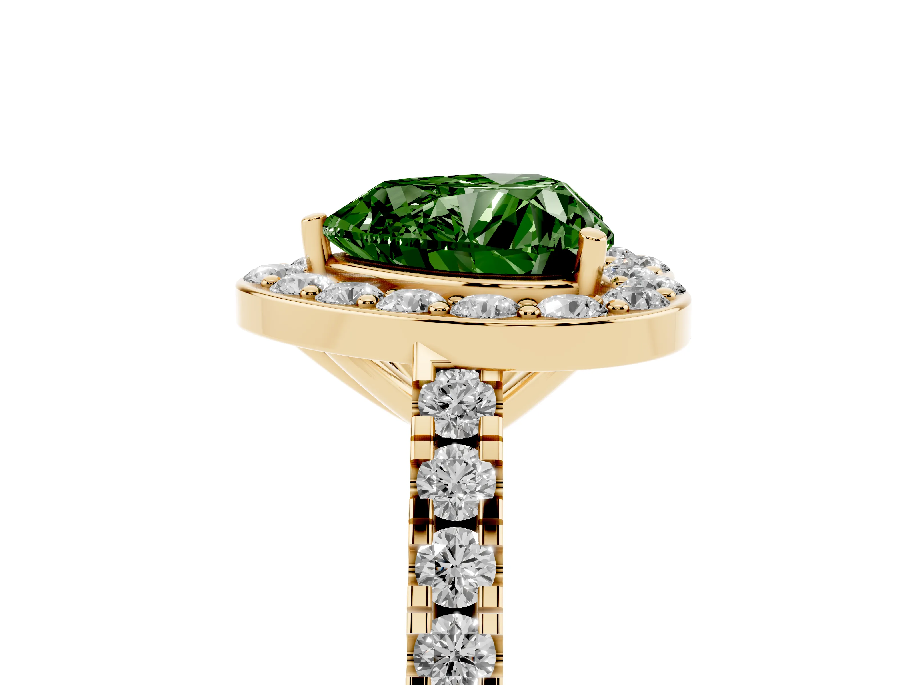 Fancy Green Heart Cut Diamond Halo Ring Set in Yellow gold with Round Pavé Split Shank and Prong Setting