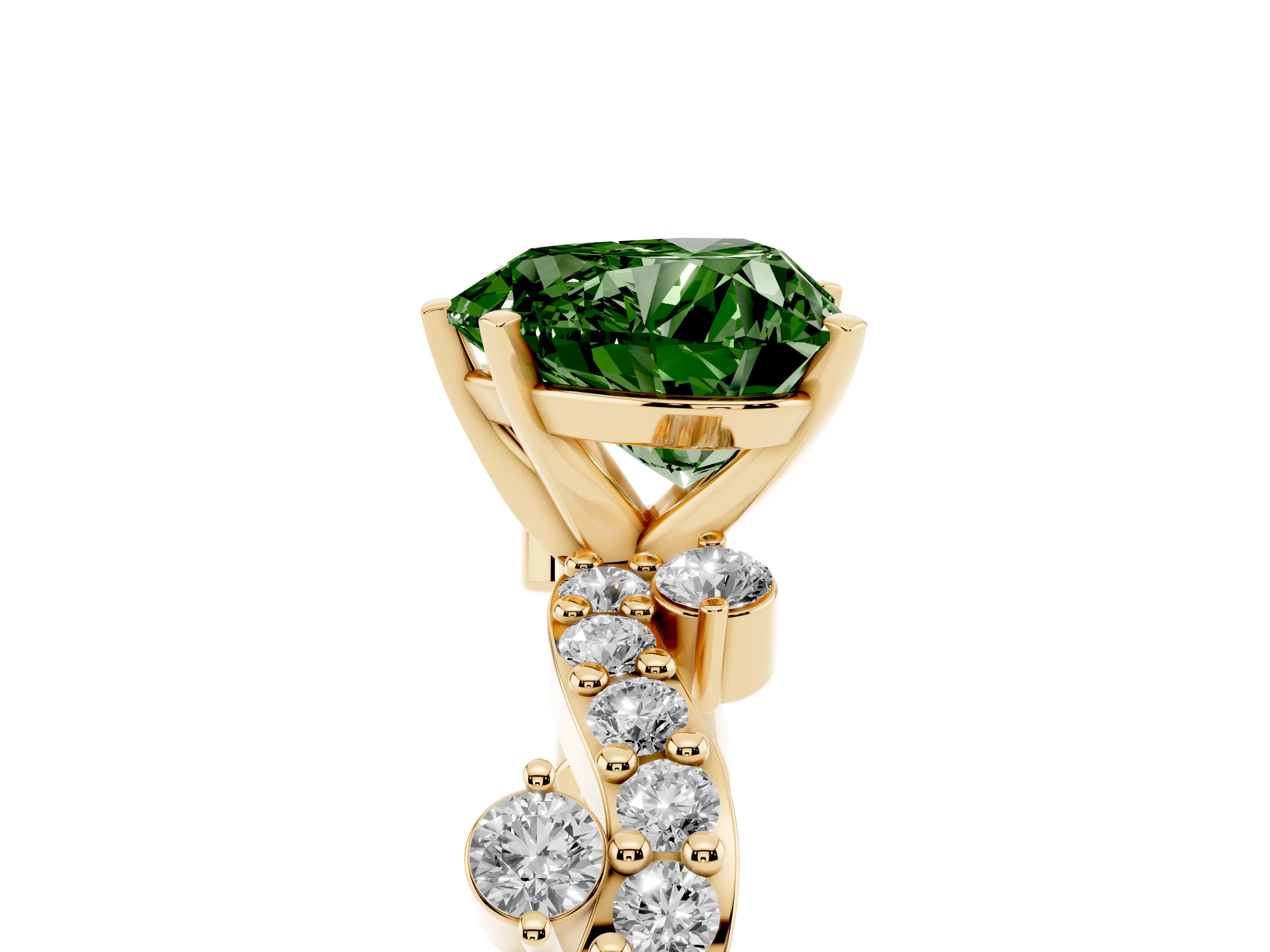Fancy Green Heart Cut Diamond Solitaire Twisted Band Set in Yellow gold with Pavé Setting