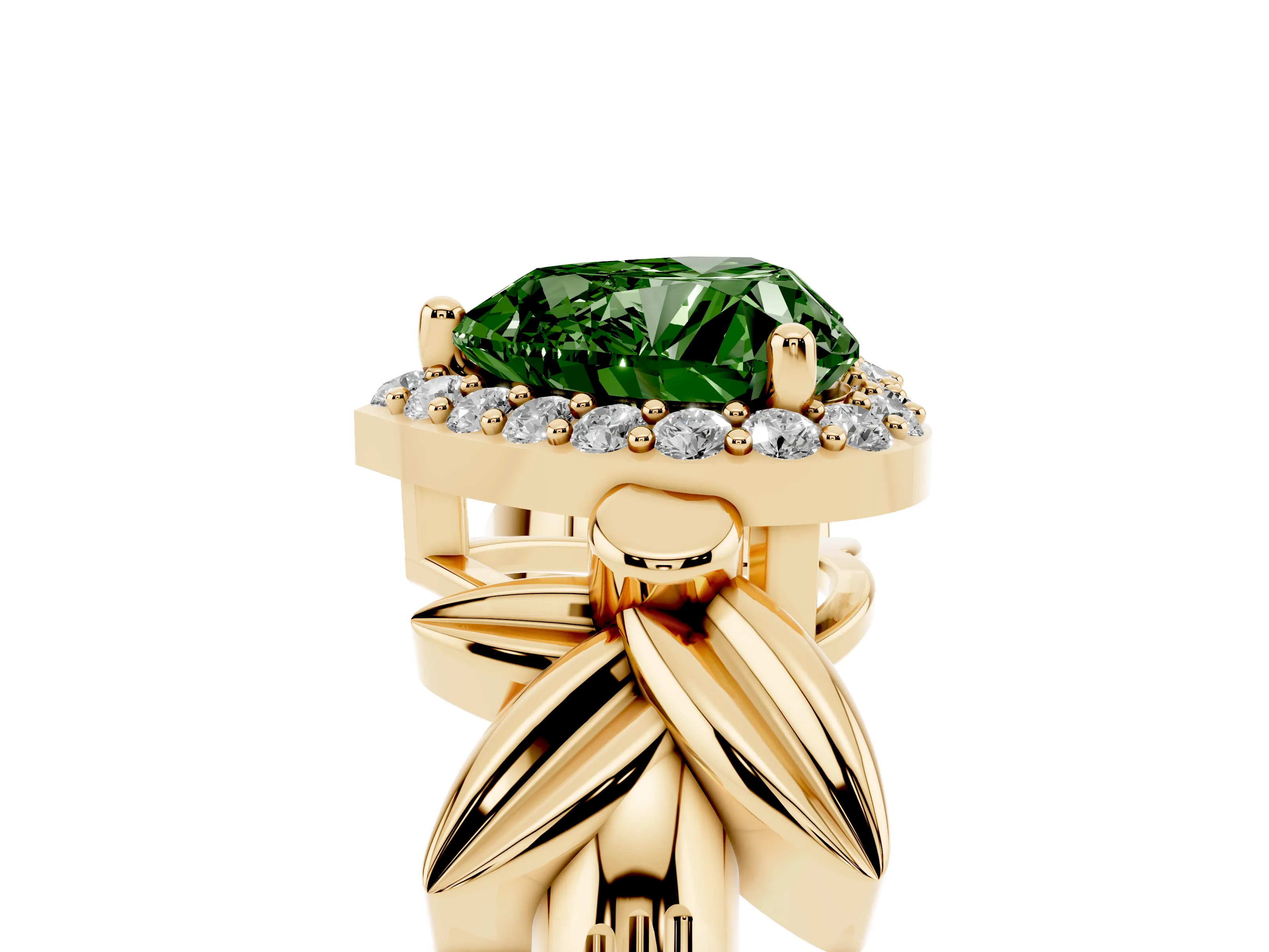 Fancy Green Heart Cut Diamond Halo Floral Band Ring Set in Yellow gold with Prong Setting