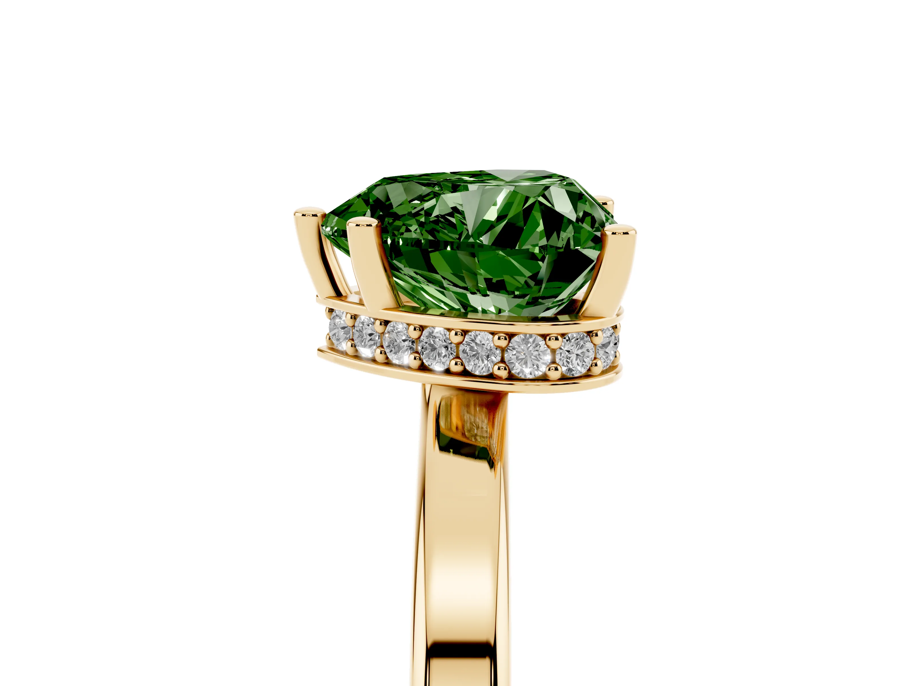 Fancy Green Heart Cut Diamond Solitaire Engagement Ring Set in Yellow gold with Prong Setting on a Plain Band