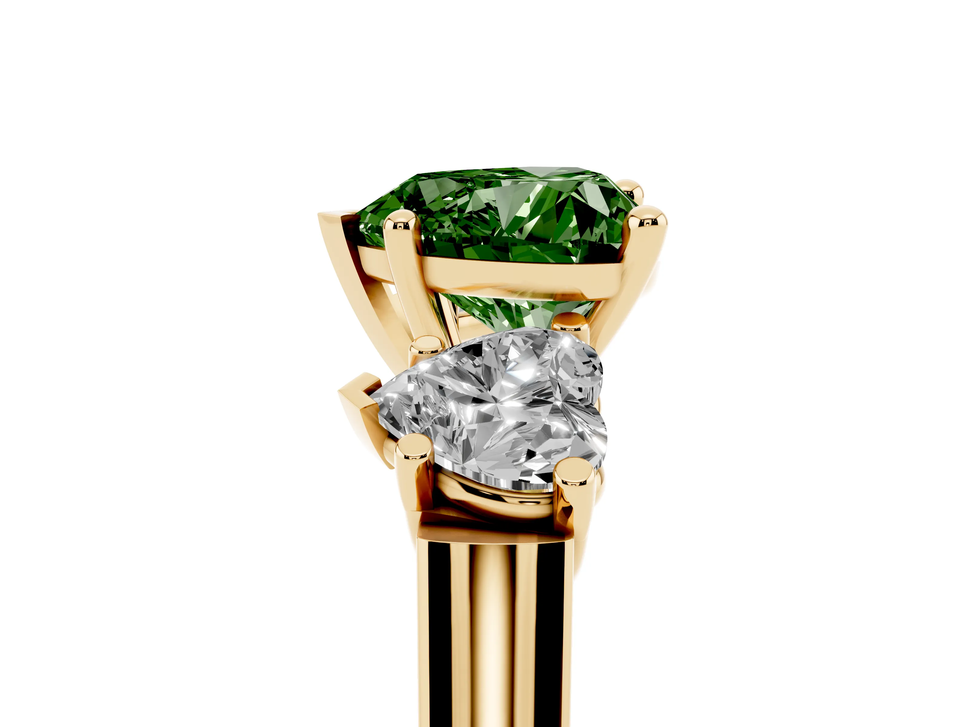 Fancy Green Heart Cut Diamond Three-Stone Trellis Ring Set in Yellow gold with Comfort Fit Band