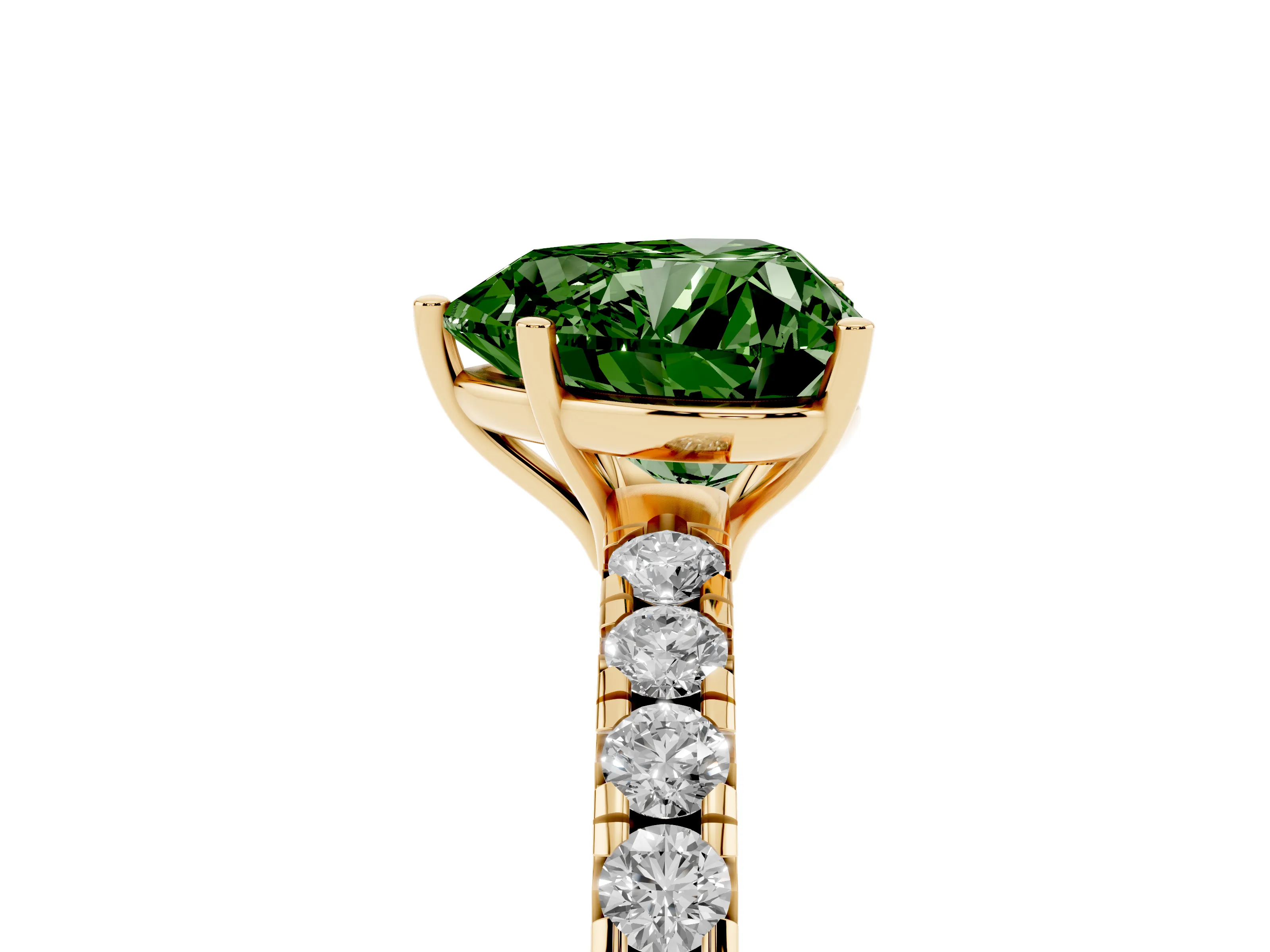 Fancy Green Heart Cut Diamond Pavé Solitaire Engagement Ring Set in Yellow gold with Prong Setting