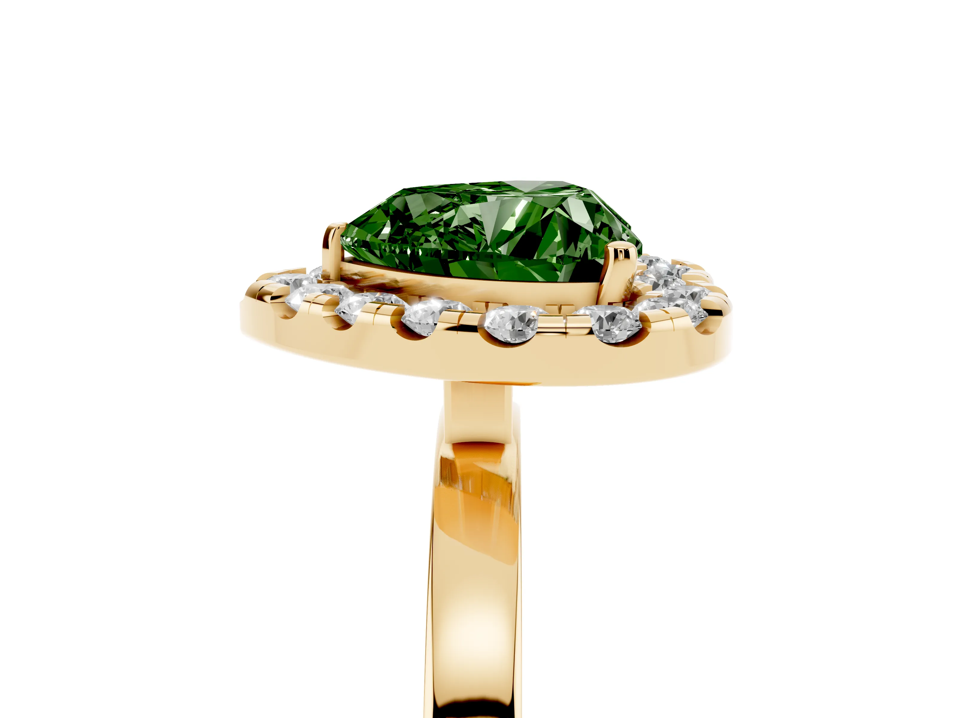 Fancy Green Heart Cut Diamond Halo Solitaire Ring Set in Yellow gold with Pavé Band and Prong Setting