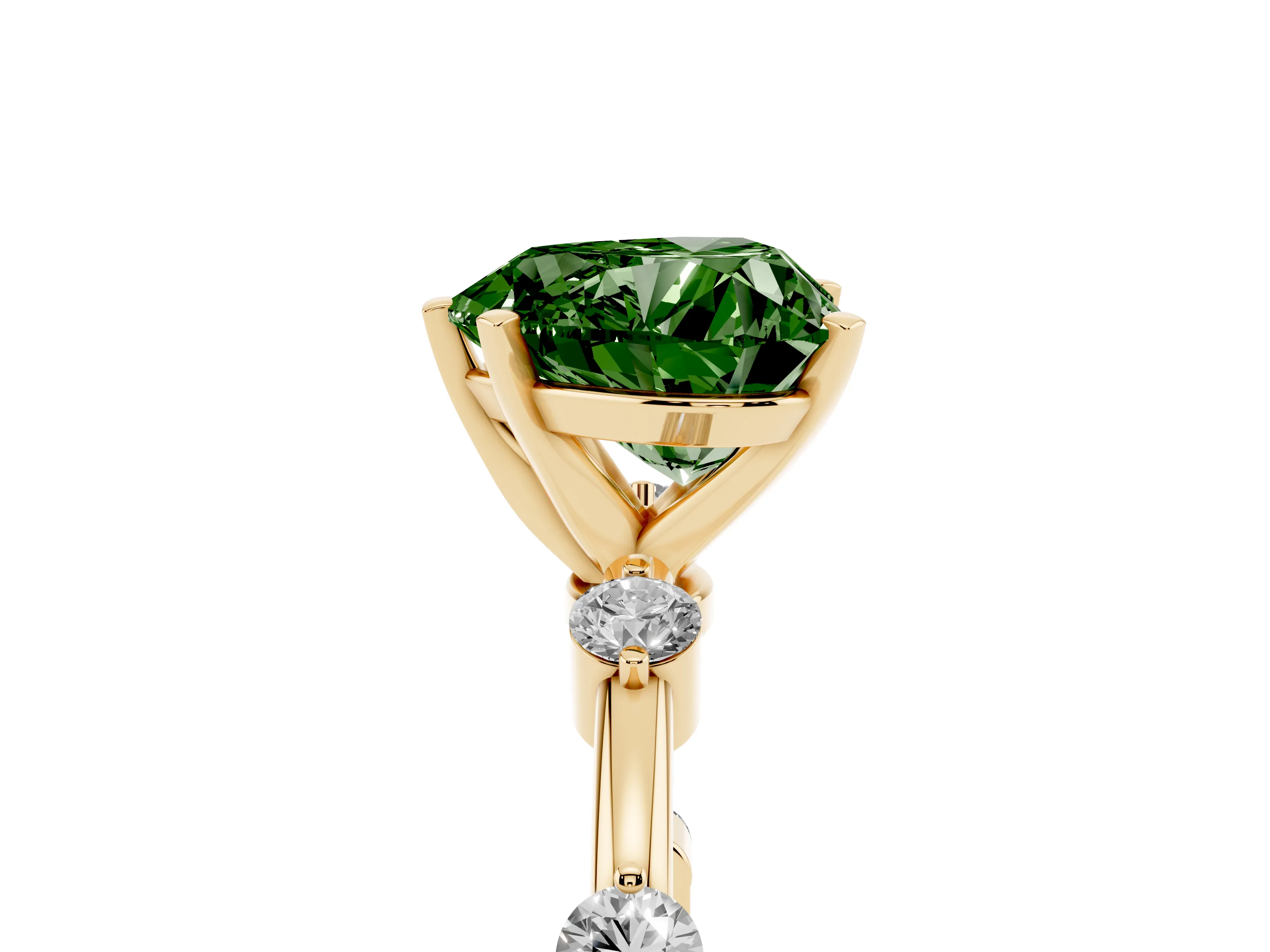 Fancy Green Heart Cut Diamond Solitaire Ring Set in Yellow gold with Bezel Set Side Stones and Prong Setting