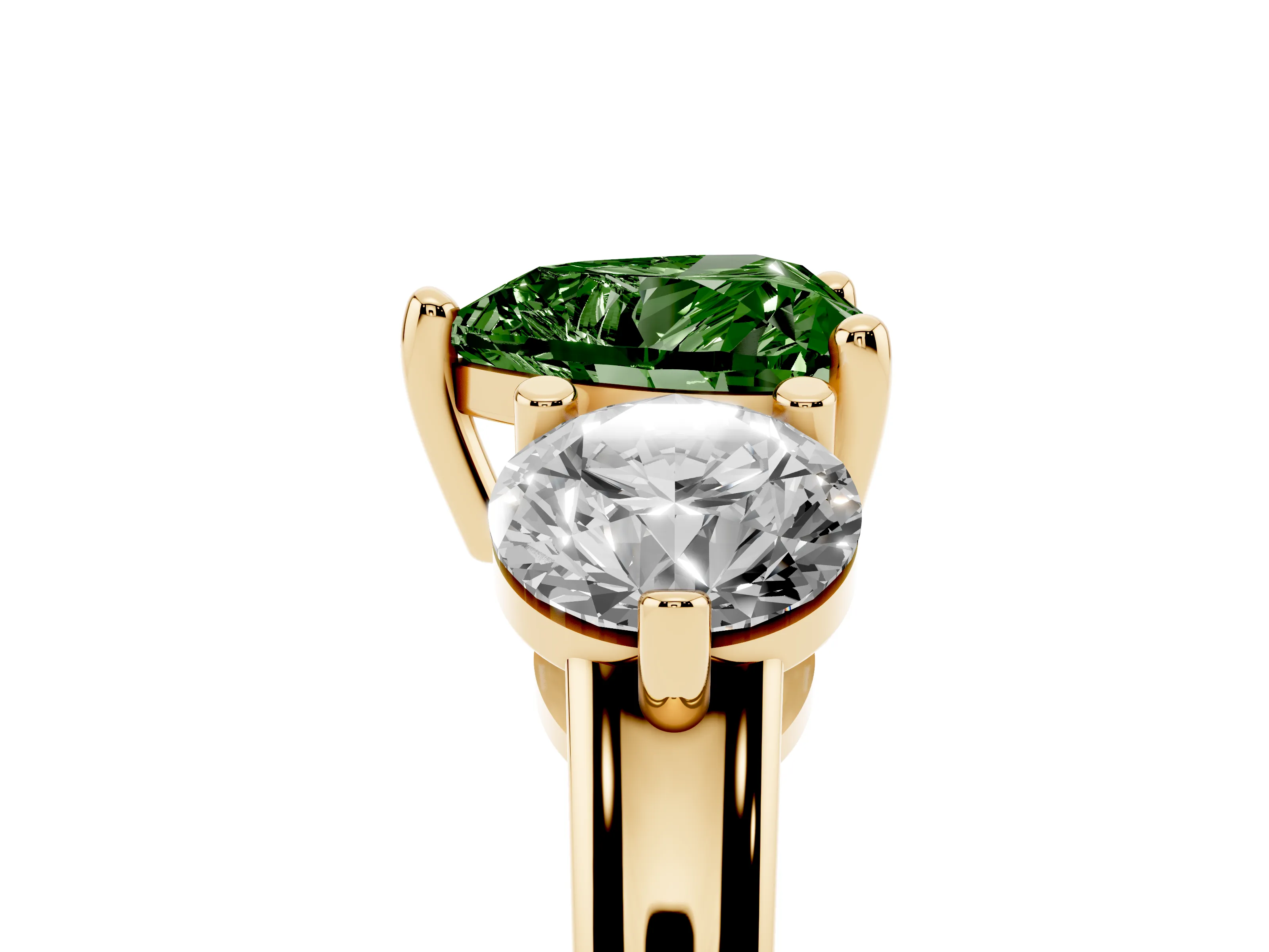 Fancy Green Heart Cut Diamond Three-Stone Ring Set in Yellow gold with Prong Setting and Classic Band