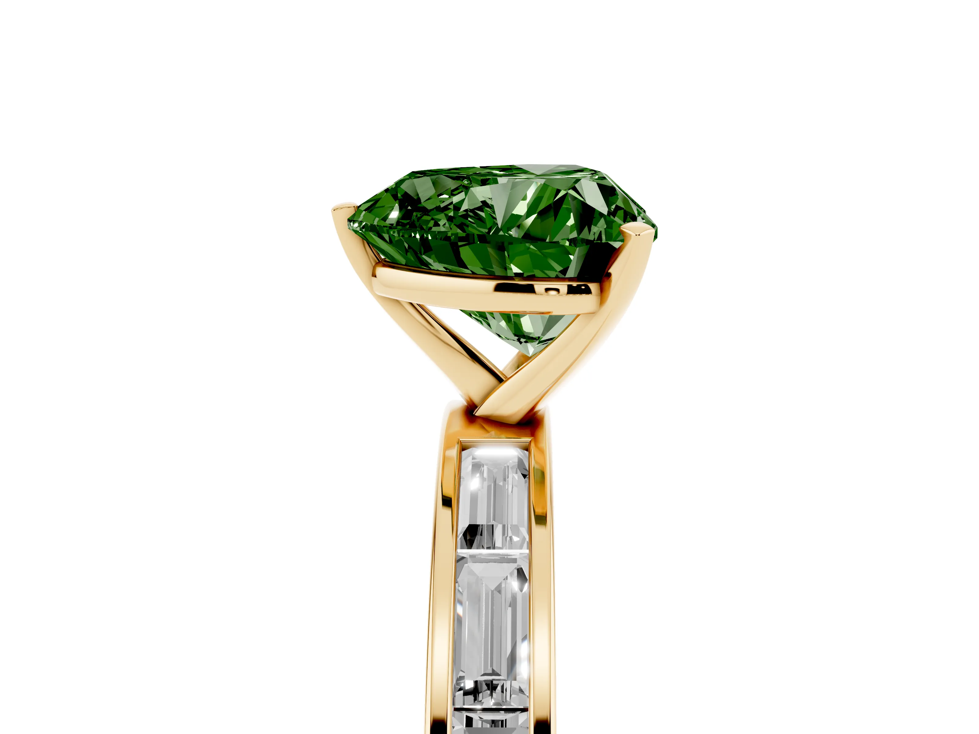 Fancy Green Heart Cut Diamond Solitaire Ring Set in Yellow gold with Channel-Set Baguette Band and Prong Setting
