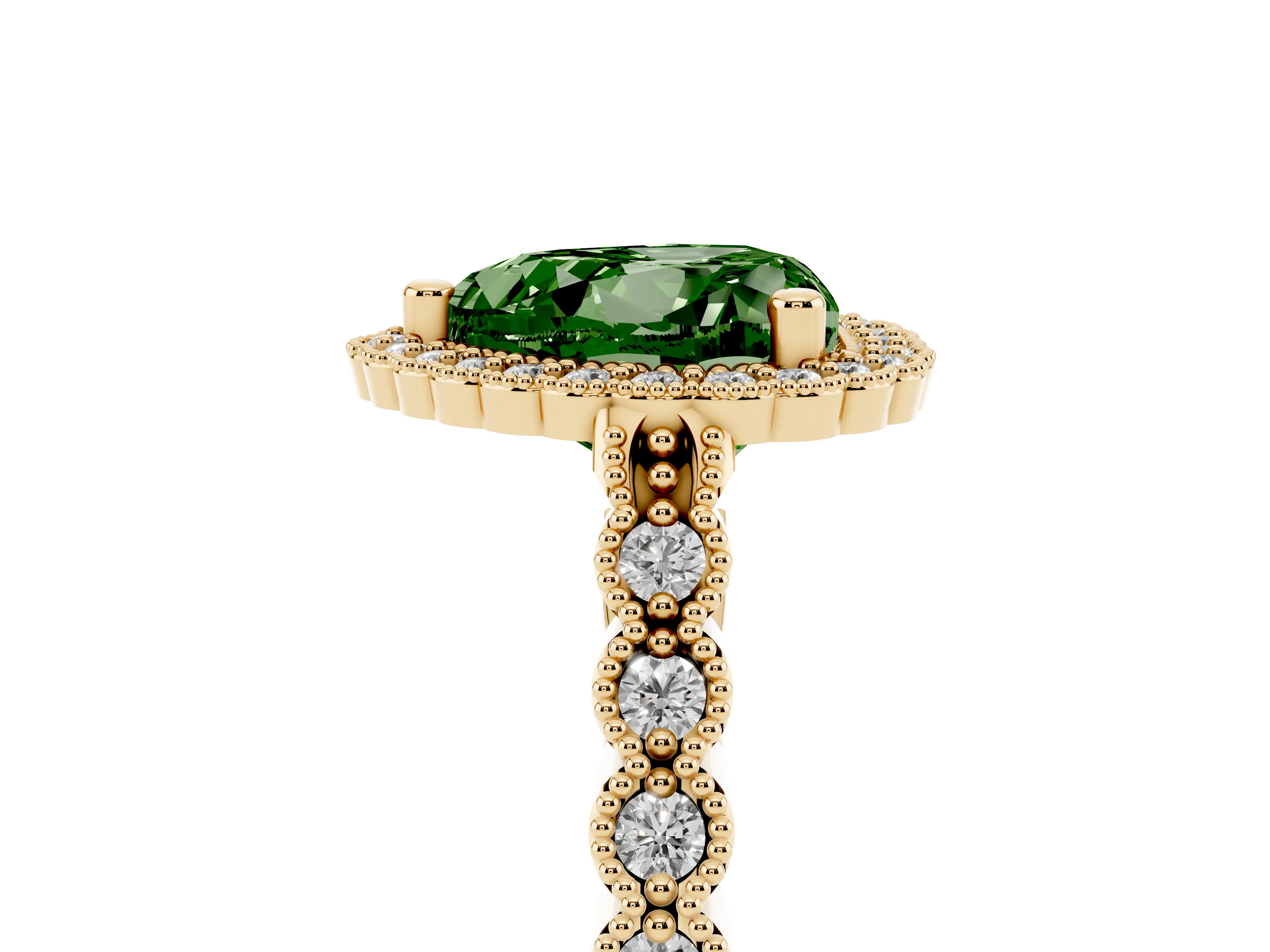 Fancy Green Heart Cut Diamond Halo Ring Set in Yellow gold with Pavé Milgrain Band