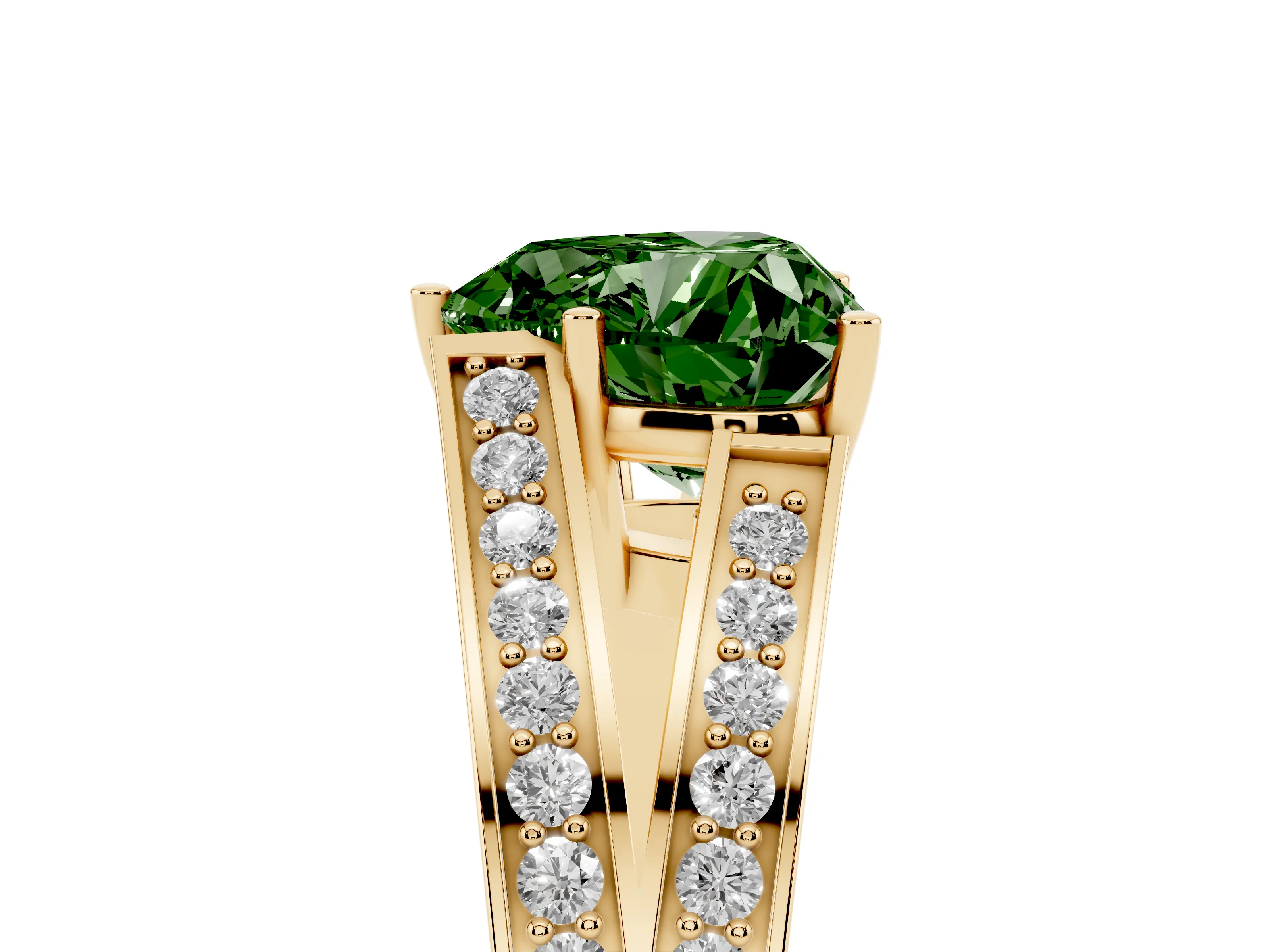 Fancy Green Heart Cut Diamond Split Shank Ring Set in Yellow gold with Pavé Band and Prong Setting