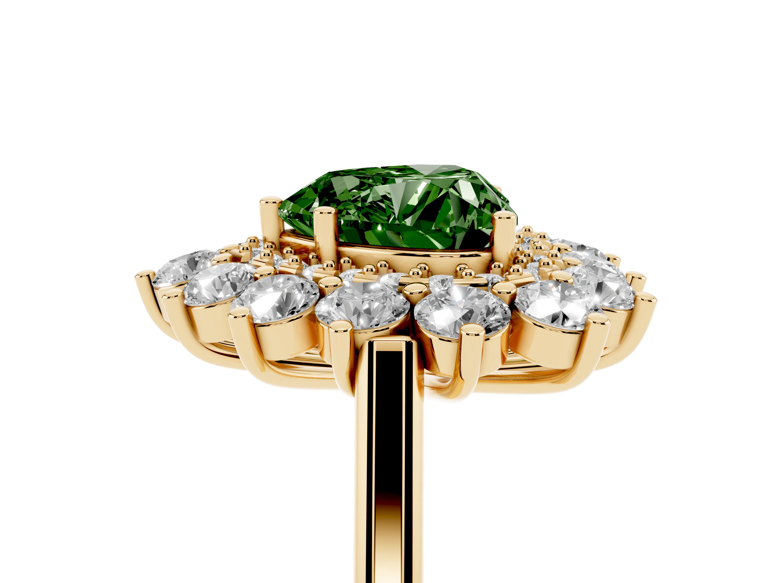 Fancy Green Heart Cut Diamond Floral Double Halo Ring Set in Yellow gold with Round Petals