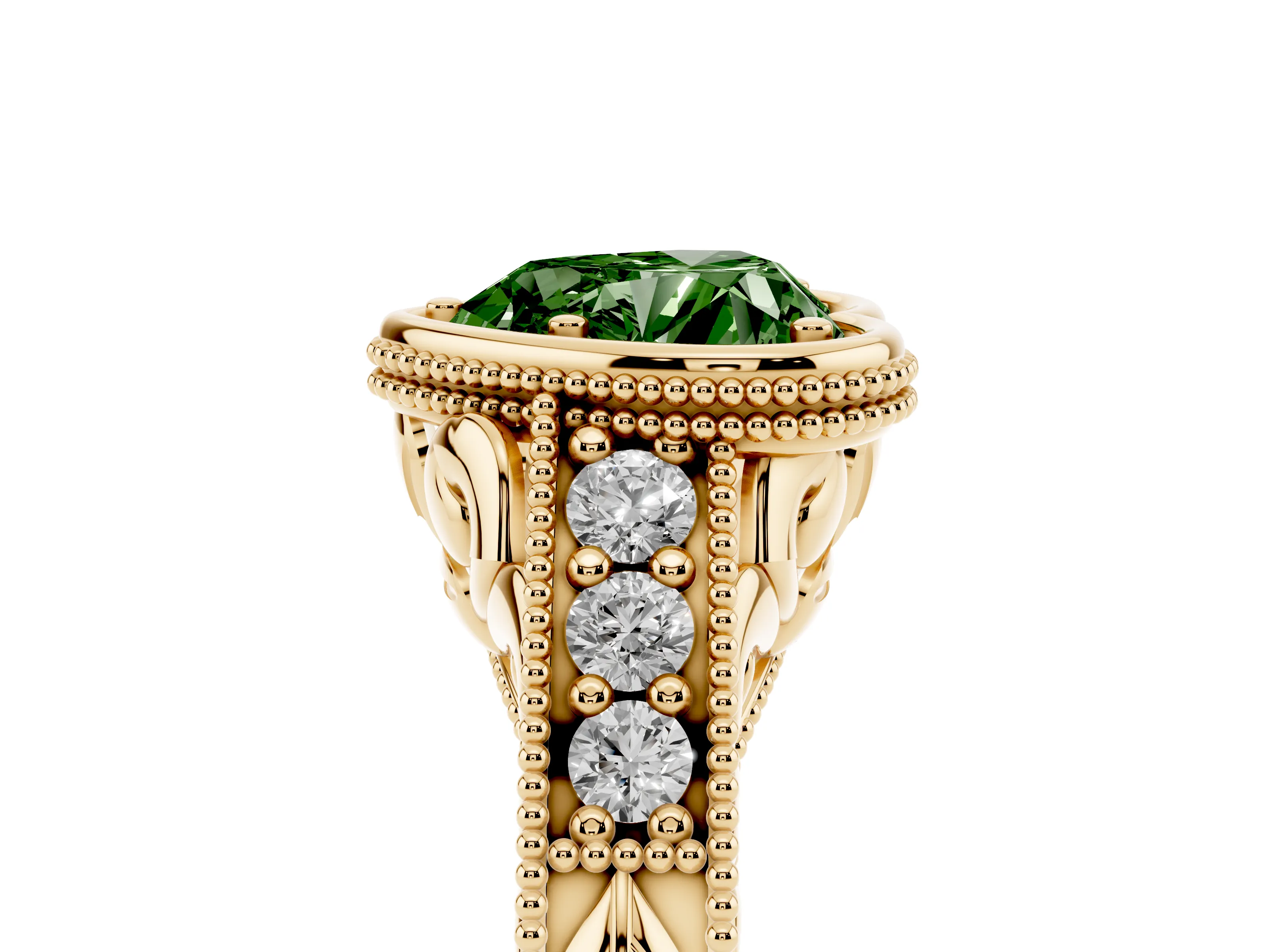 Fancy Green Bezel Set Heart Cut Diamond Milgrain Pavé Engagement Ring Set in Yellow gold