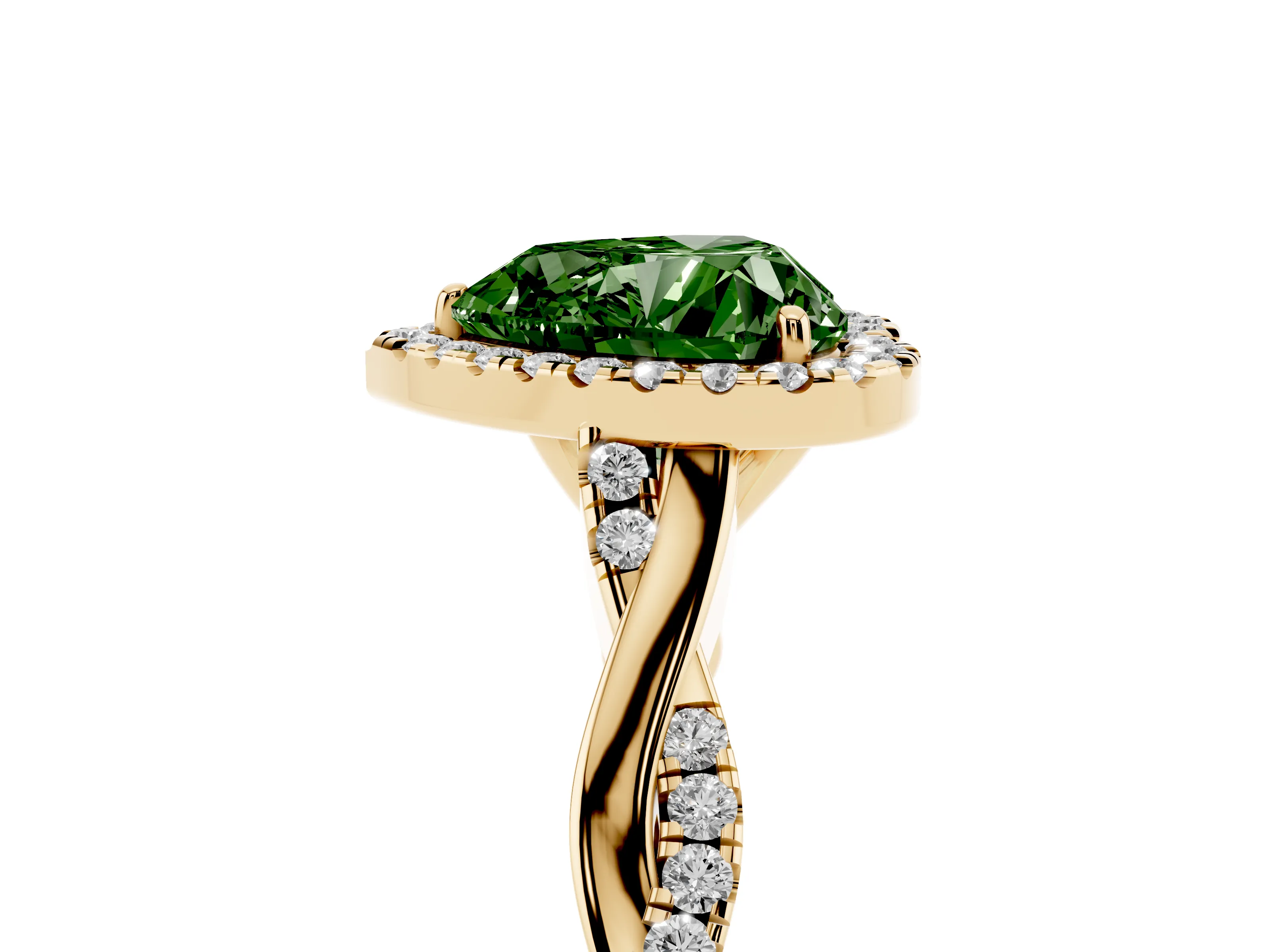 Fancy Green Heart Cut Diamond Halo Twist Band Solitaire Ring Set in Yellow gold with Prong Setting