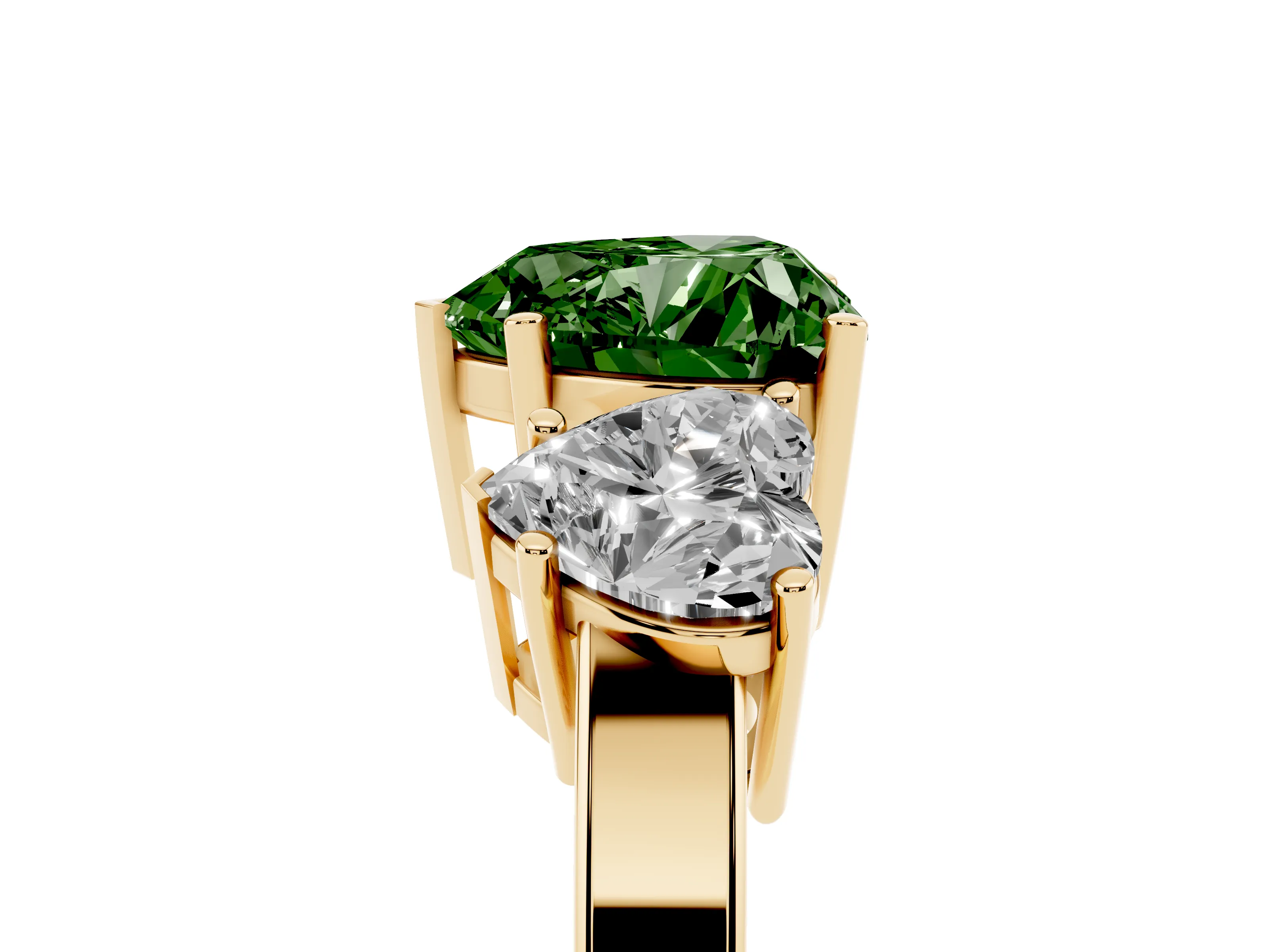 Fancy Green Heart Cut Diamond Three-Stone Engagement Ring Set in Yellow gold with Flat Band