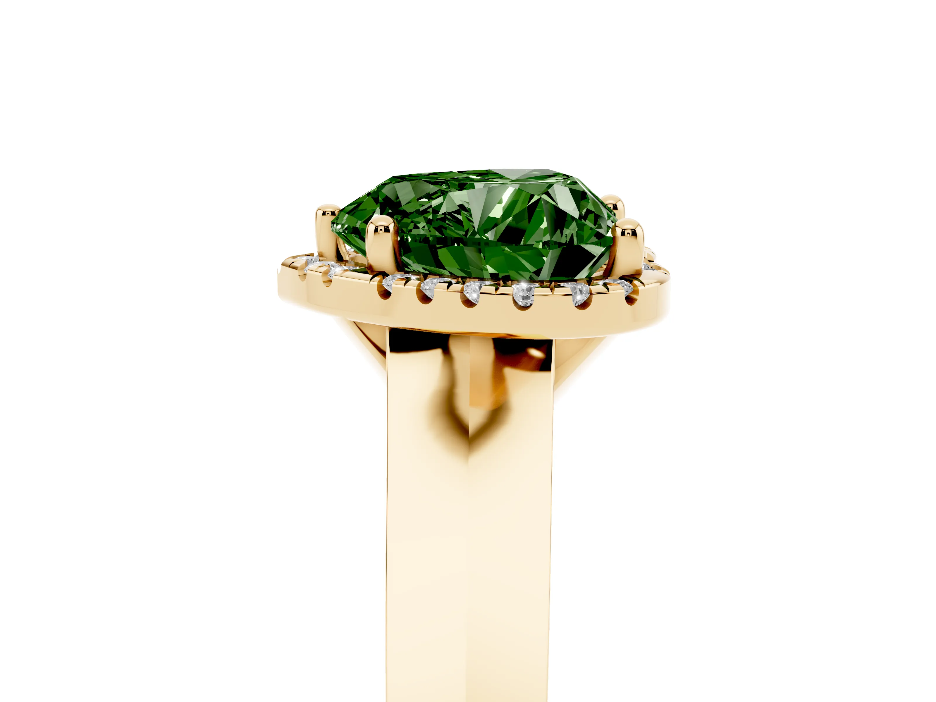 Fancy Green Heart Cut Diamond Halo Ring Set in Yellow gold with Cathedral Band and Prong Setting