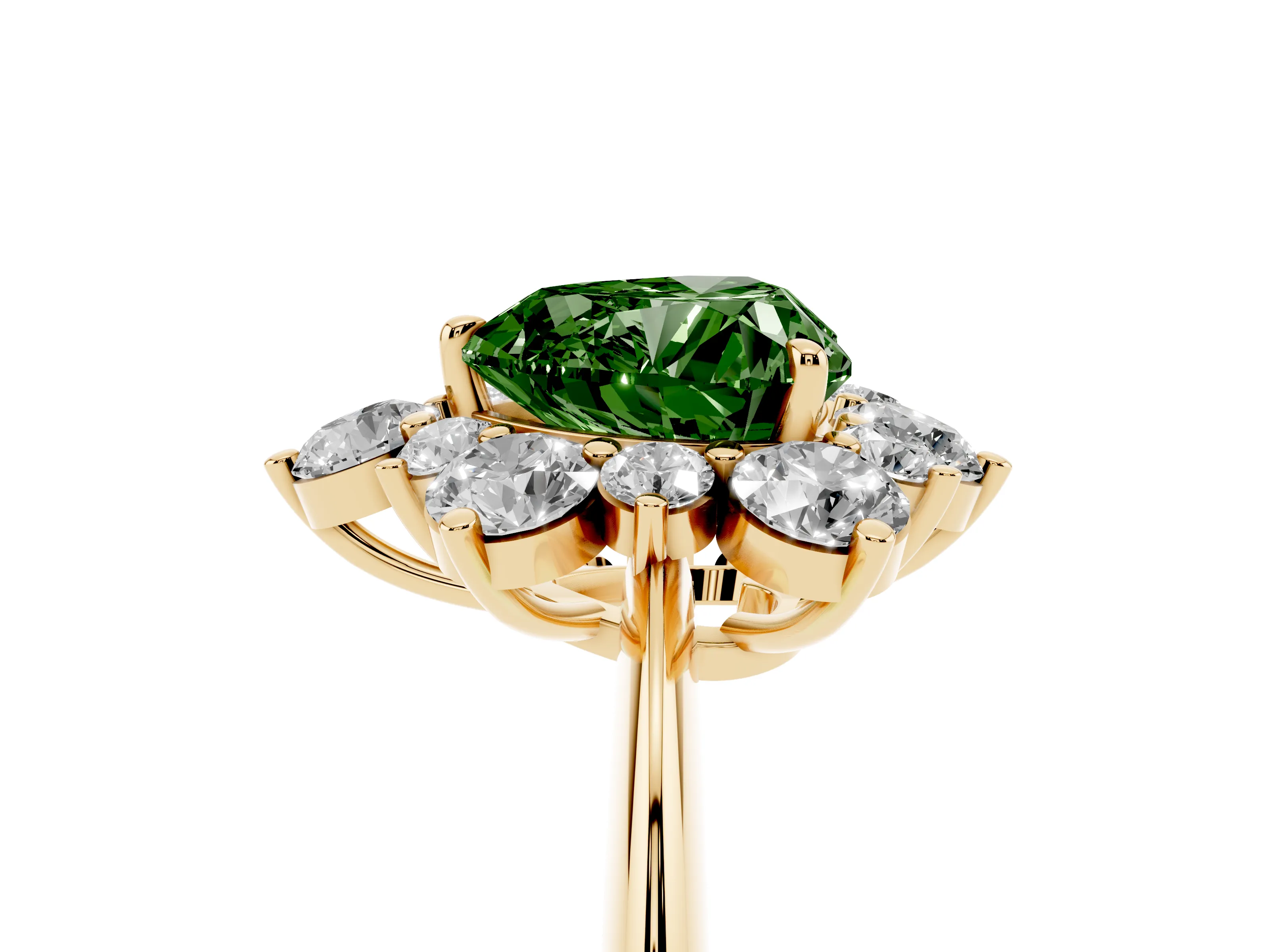Fancy Green Heart Cut Diamond Cluster Halo Ring Set in Yellow gold with Solitaire Band and Prong Setting
