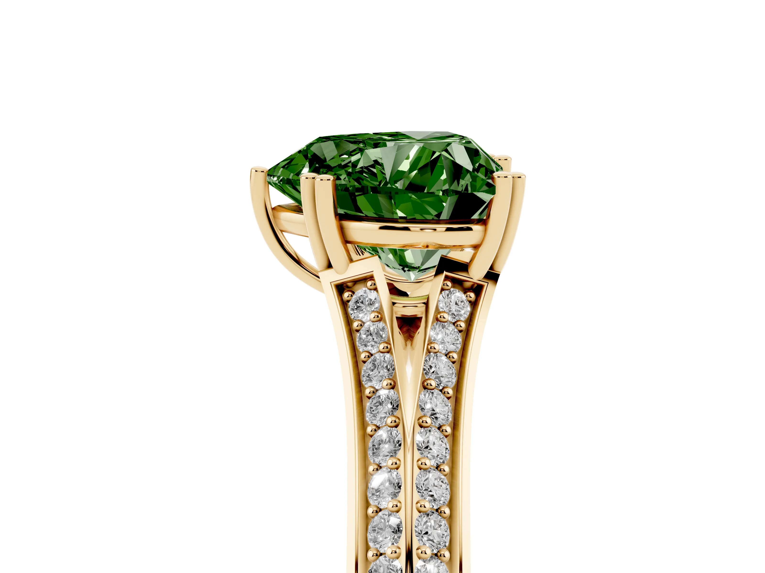 Fancy Green Heart Cut Diamond Split Shank Pavé Engagement Ring Set in Yellow gold with Prong-Set Center Stone
