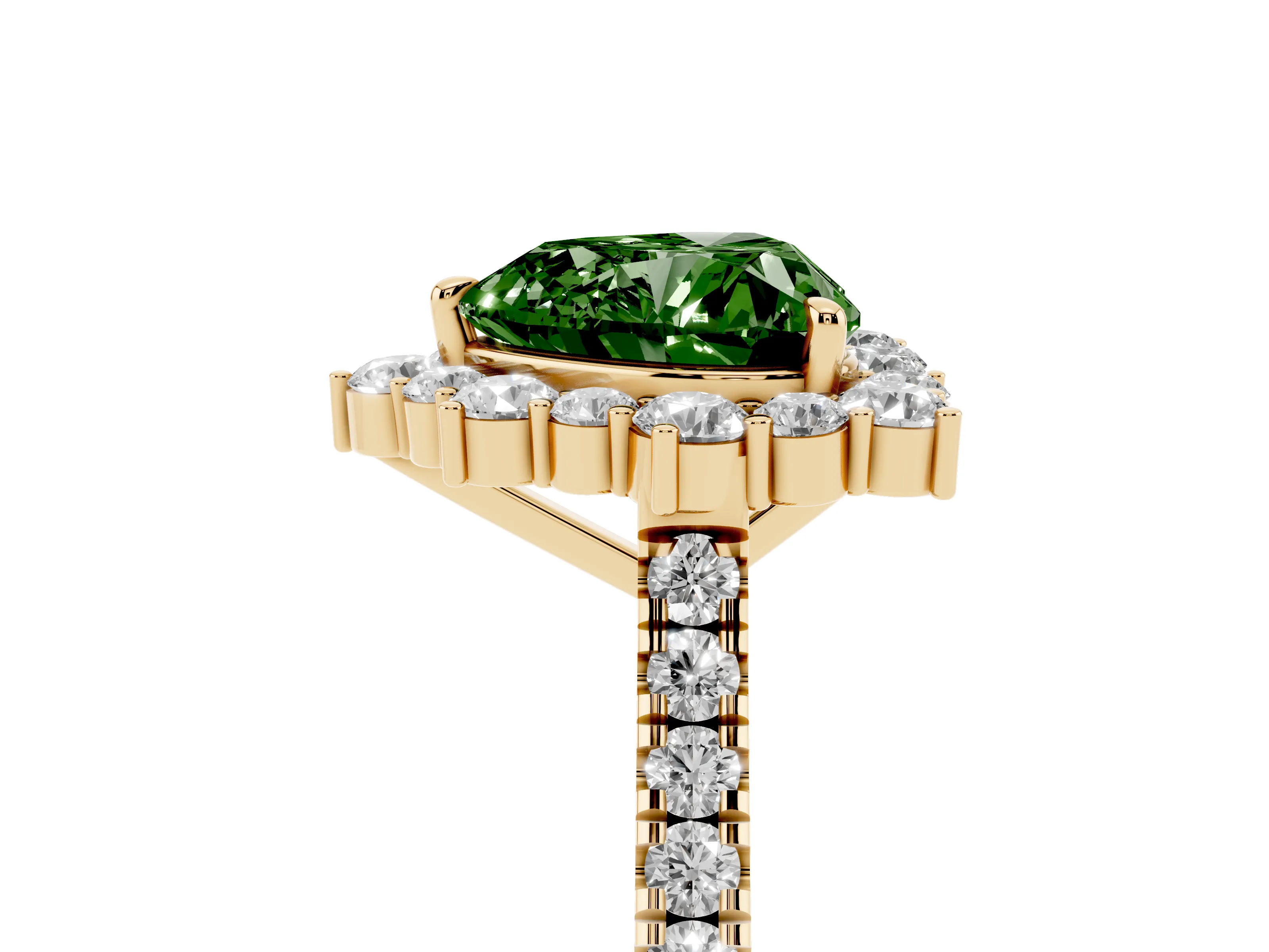 Fancy Green Heart Cut Diamond Halo Ring Set in Yellow gold with Pavé Band and Prong Setting