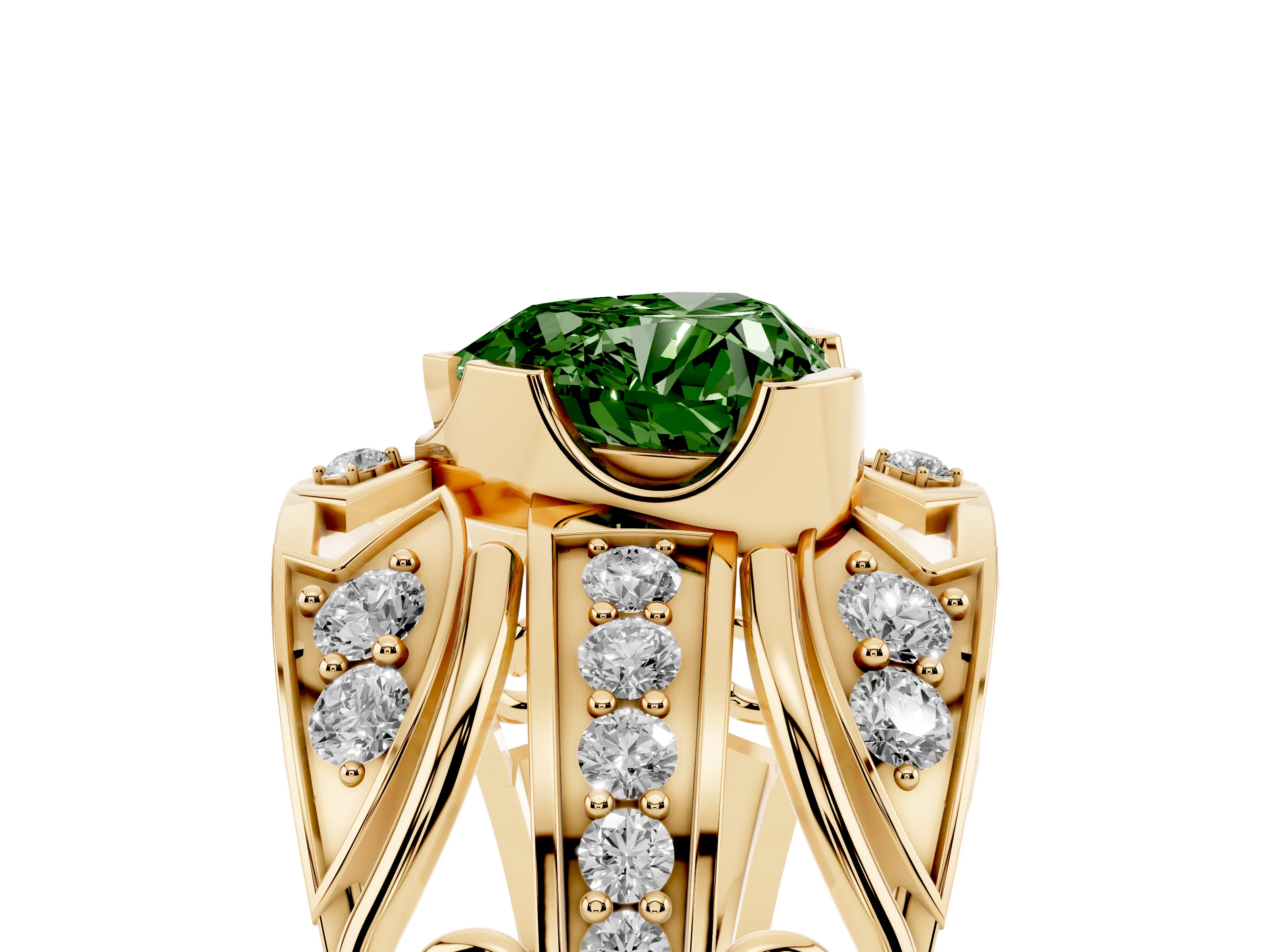 Fancy Green Heart Cut Diamond Art Deco Ring Set in Yellow gold with Pavé Split Shank
