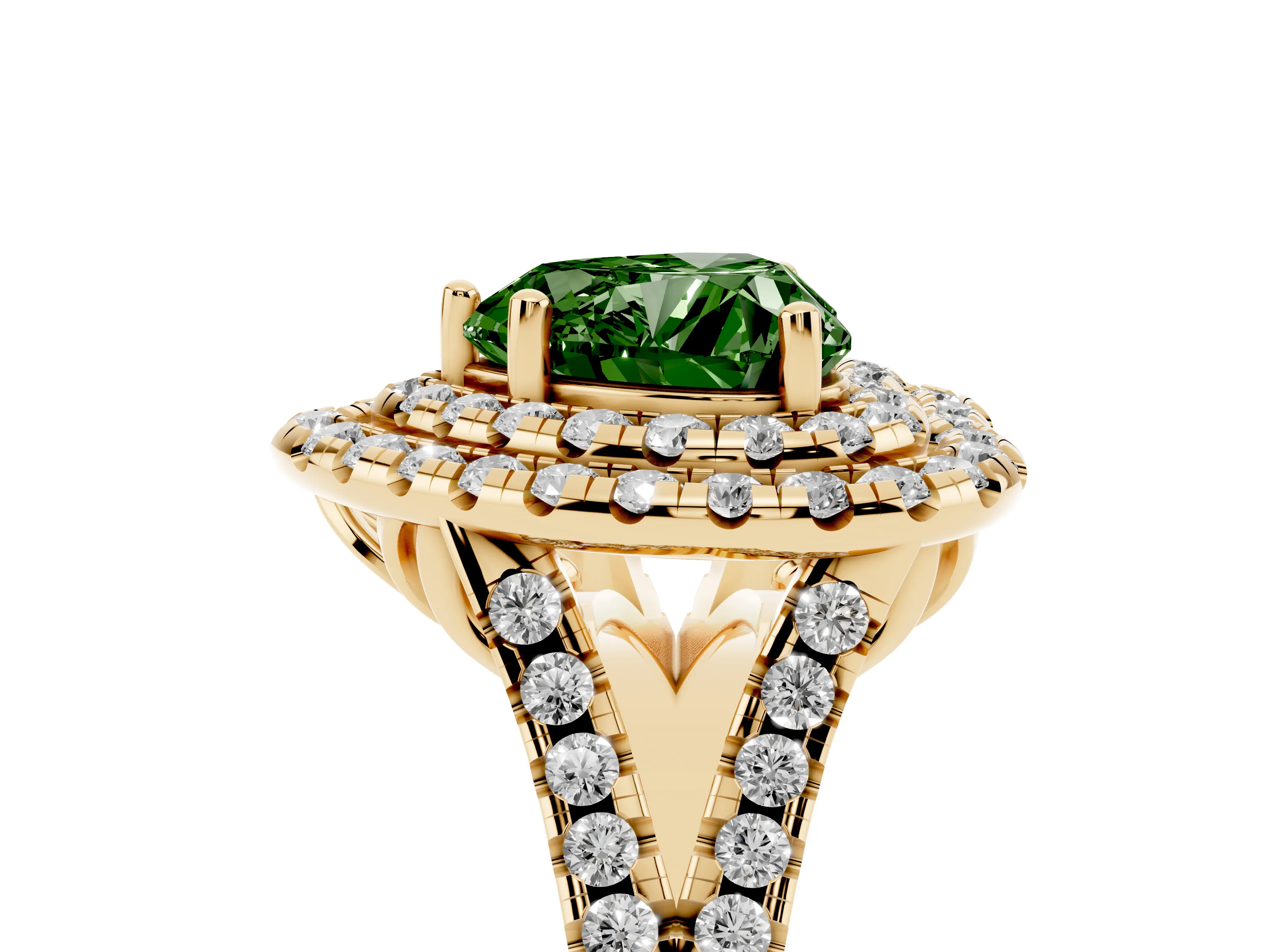 Fancy Green Heart Cut Diamond Double Halo Ring Set in Yellow gold with Pavé Split Shank and Prong Setting