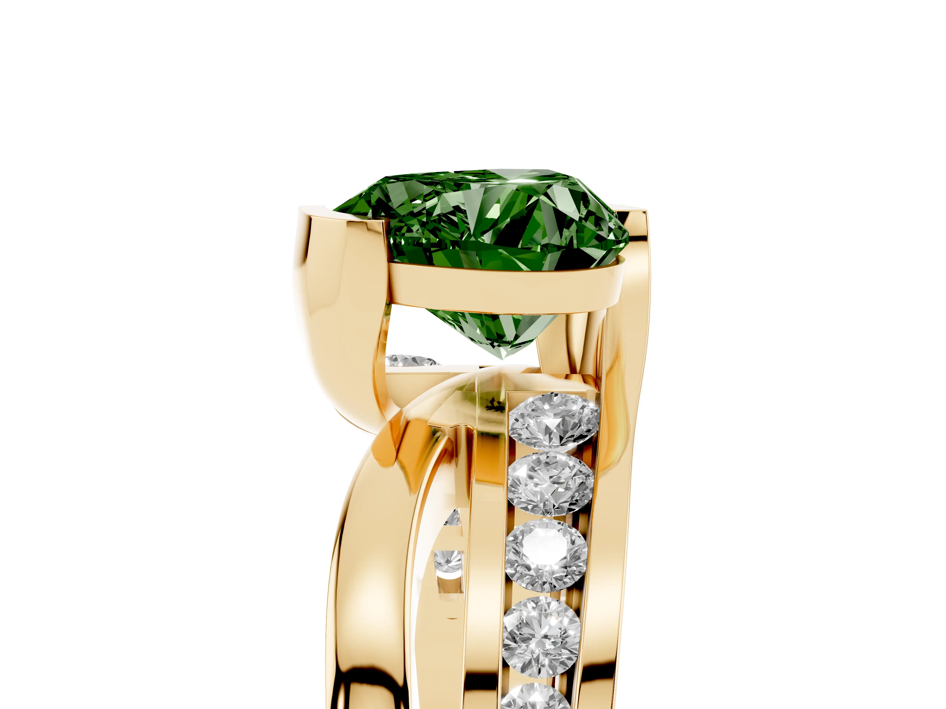 Fancy Green Heart Cut Diamond Solitaire Ring Set in Yellow gold with Channel Set Split Shank and Tension Prongs