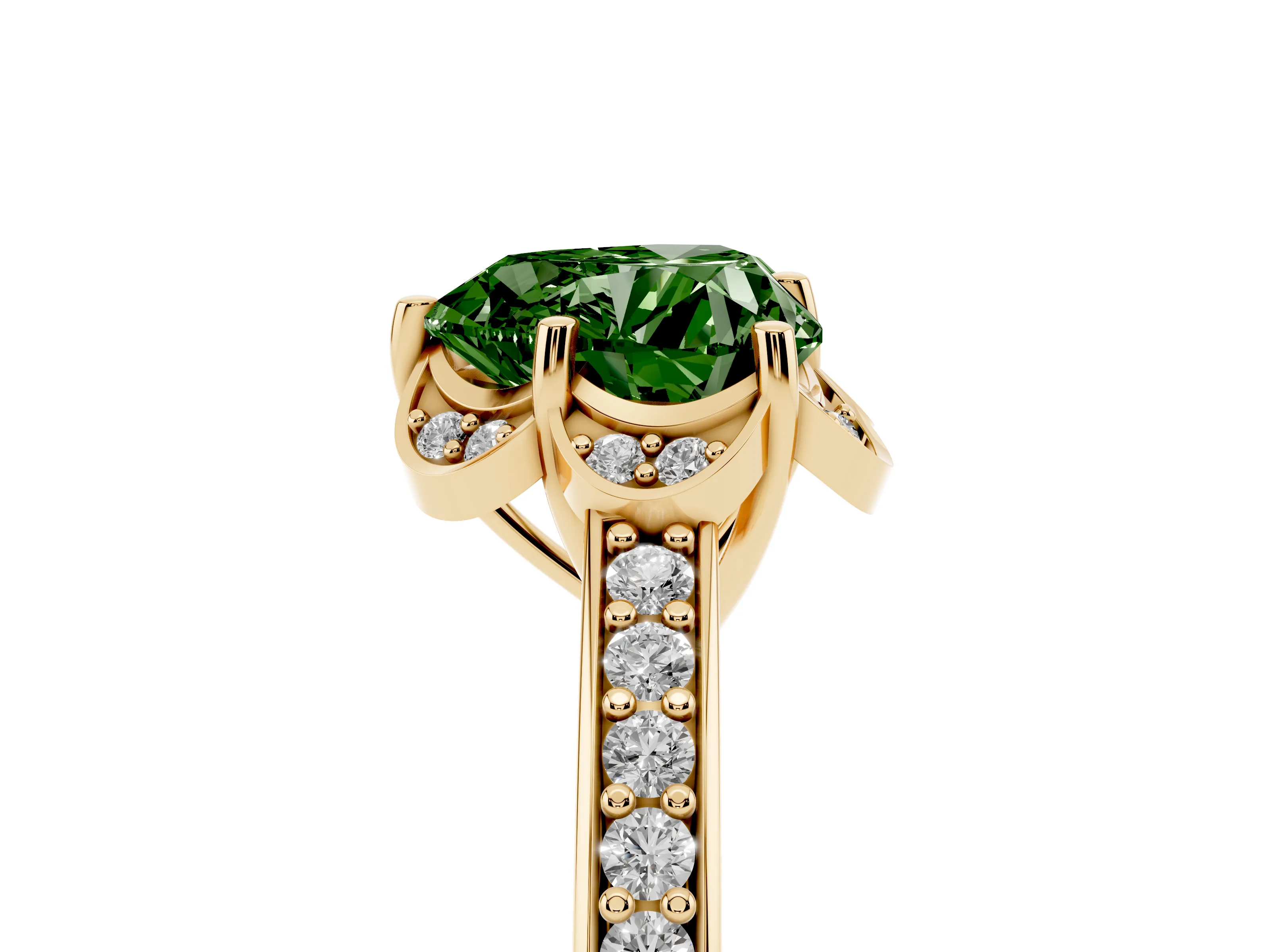 Fancy Green Heart Cut Diamond Halo Ring Set in Yellow gold with Channel Set Band and Prong Setting
