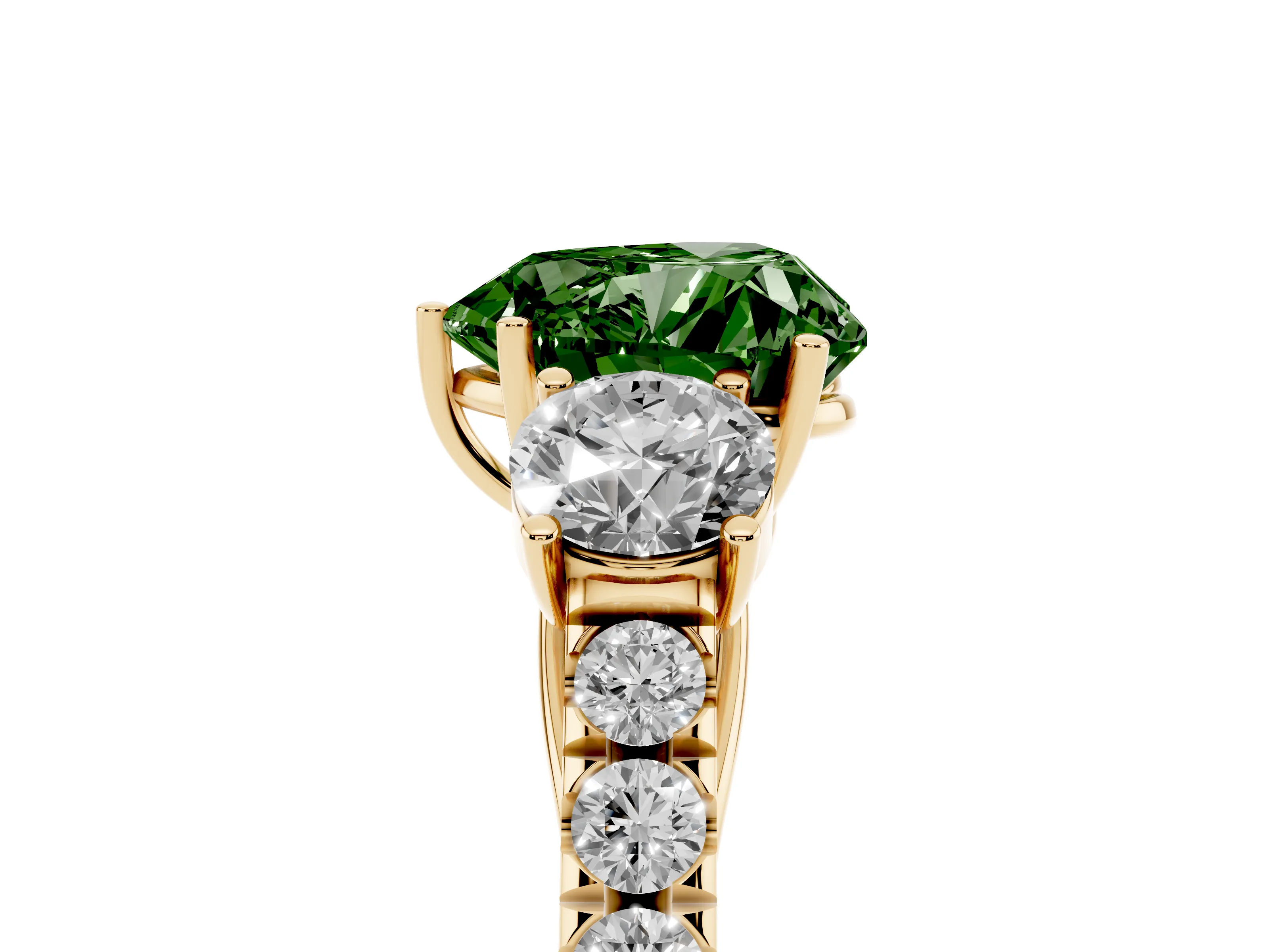 Fancy Green Heart Cut Diamond Three-Stone Ring Set in Yellow gold with Round Side Stones and Delicate Pavé Band