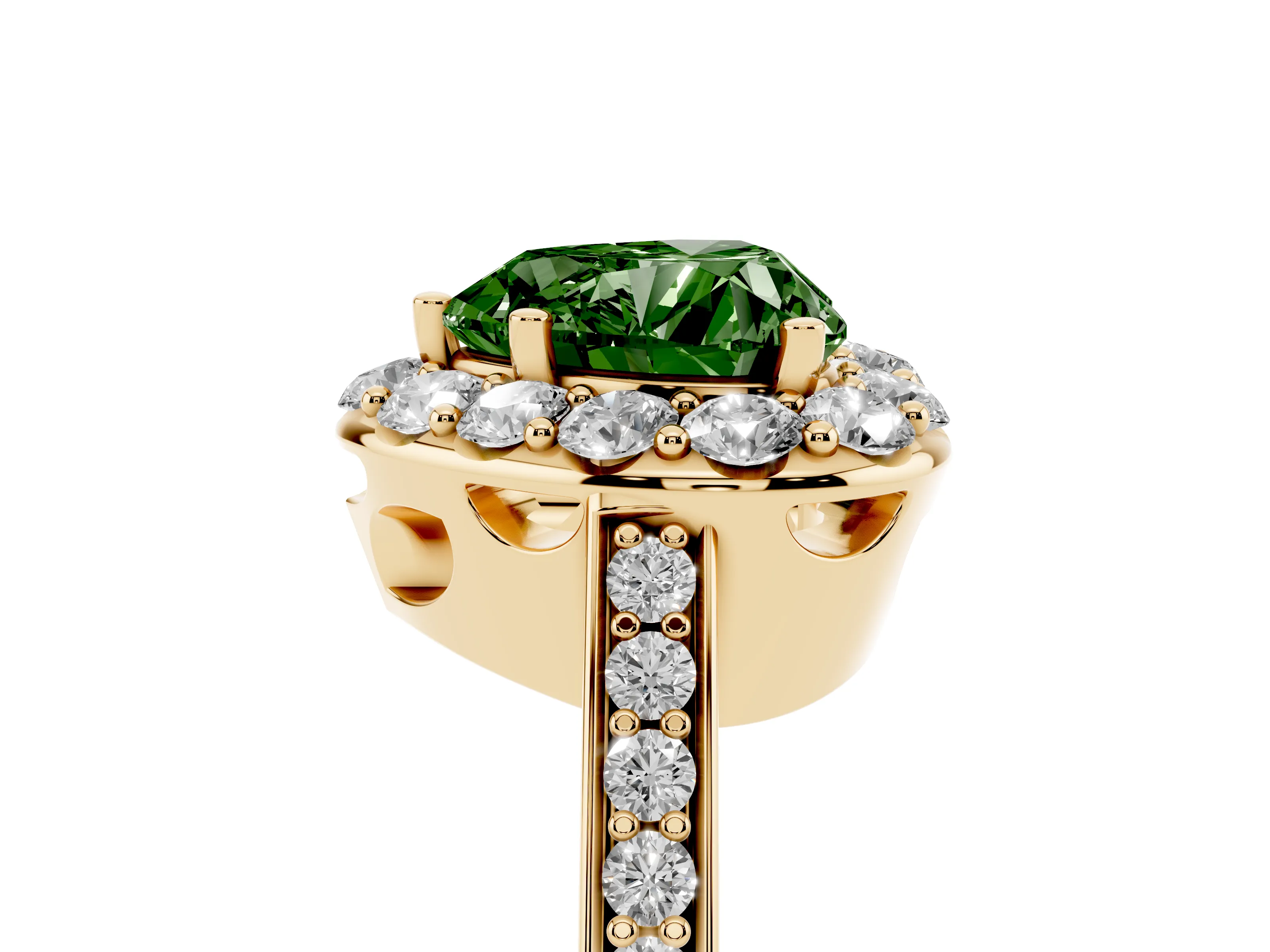 Fancy Green Heart Cut Diamond Floral Halo Ring Set in Yellow gold with Pavé Band and Prong Setting