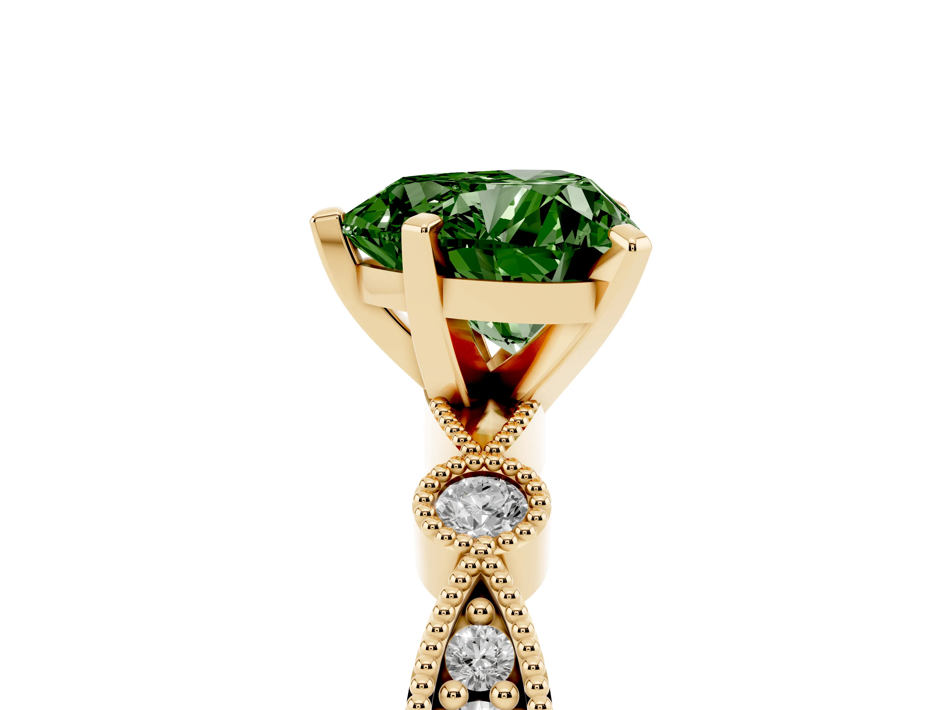 Fancy Green Heart Cut Diamond Solitaire Engagement Ring Set in Yellow gold with Milgrain Bezel Accent Band