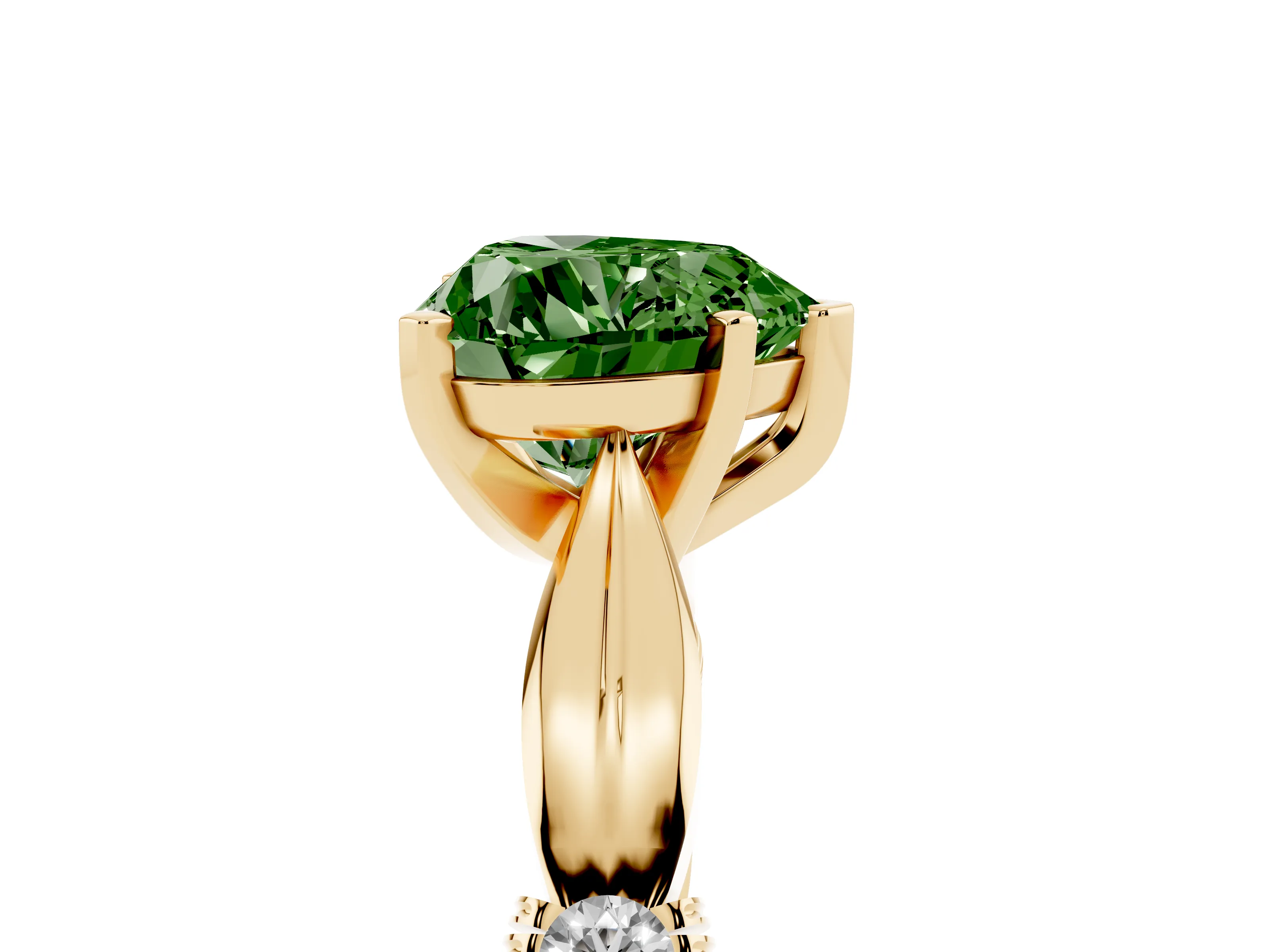 Fancy Green Heart Cut Diamond Solitaire Twisted Band Ring Set in Yellow gold with Accent Stones and Prong Setting