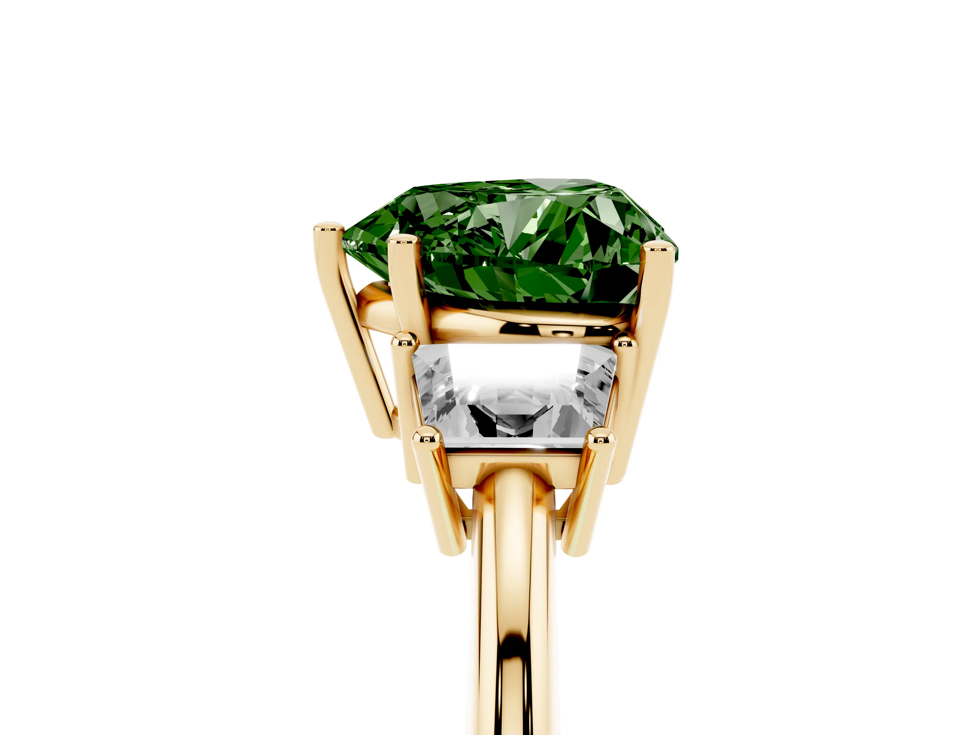 Fancy Green Heart Cut Diamond Three-Stone Ring Set in Yellow gold with Trapezoid Side Stones and Prong Setting