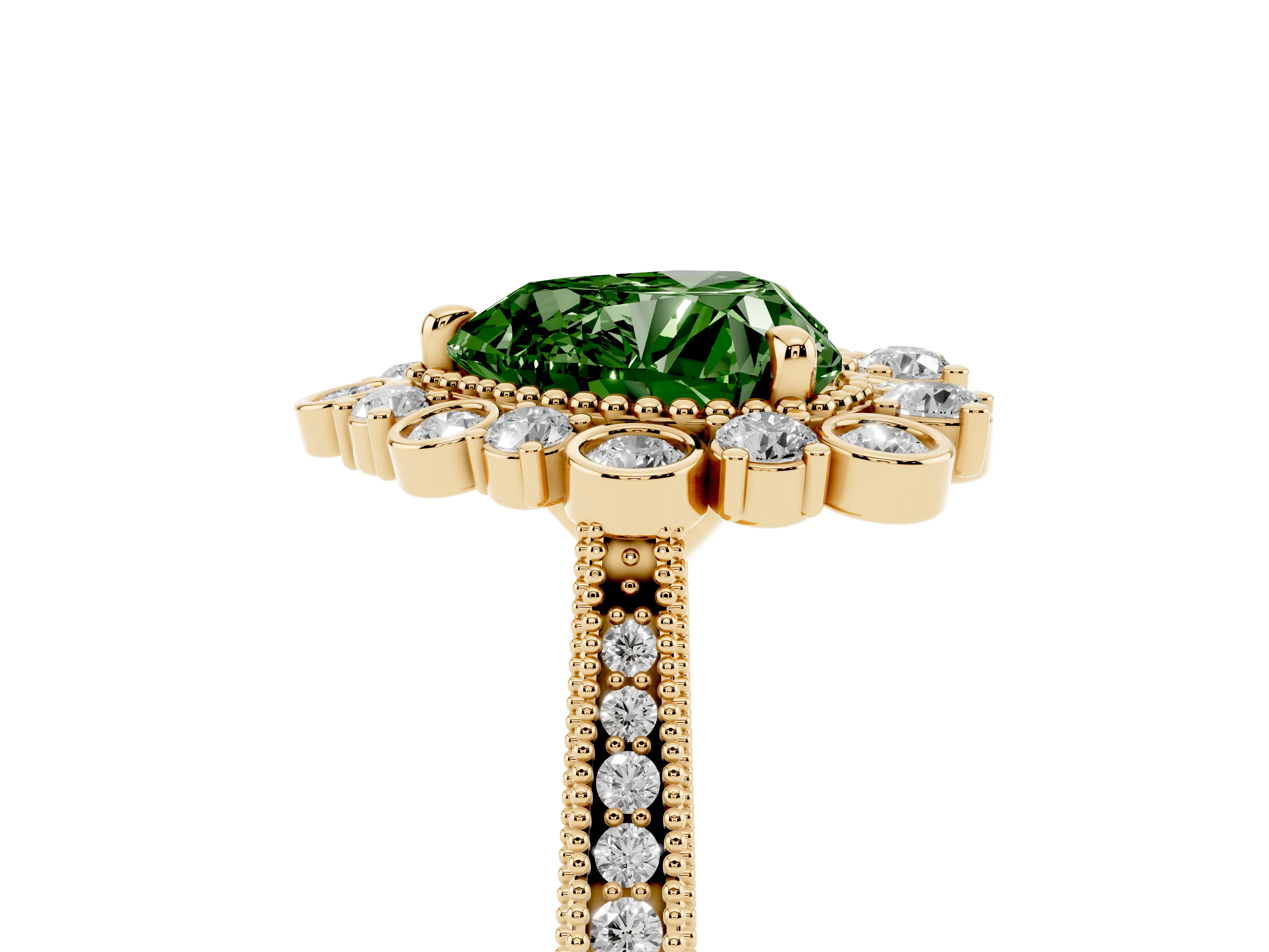 Fancy Green Heart Cut Diamond Halo Milgrain Pavé Ring Set in Yellow gold with Prong Setting